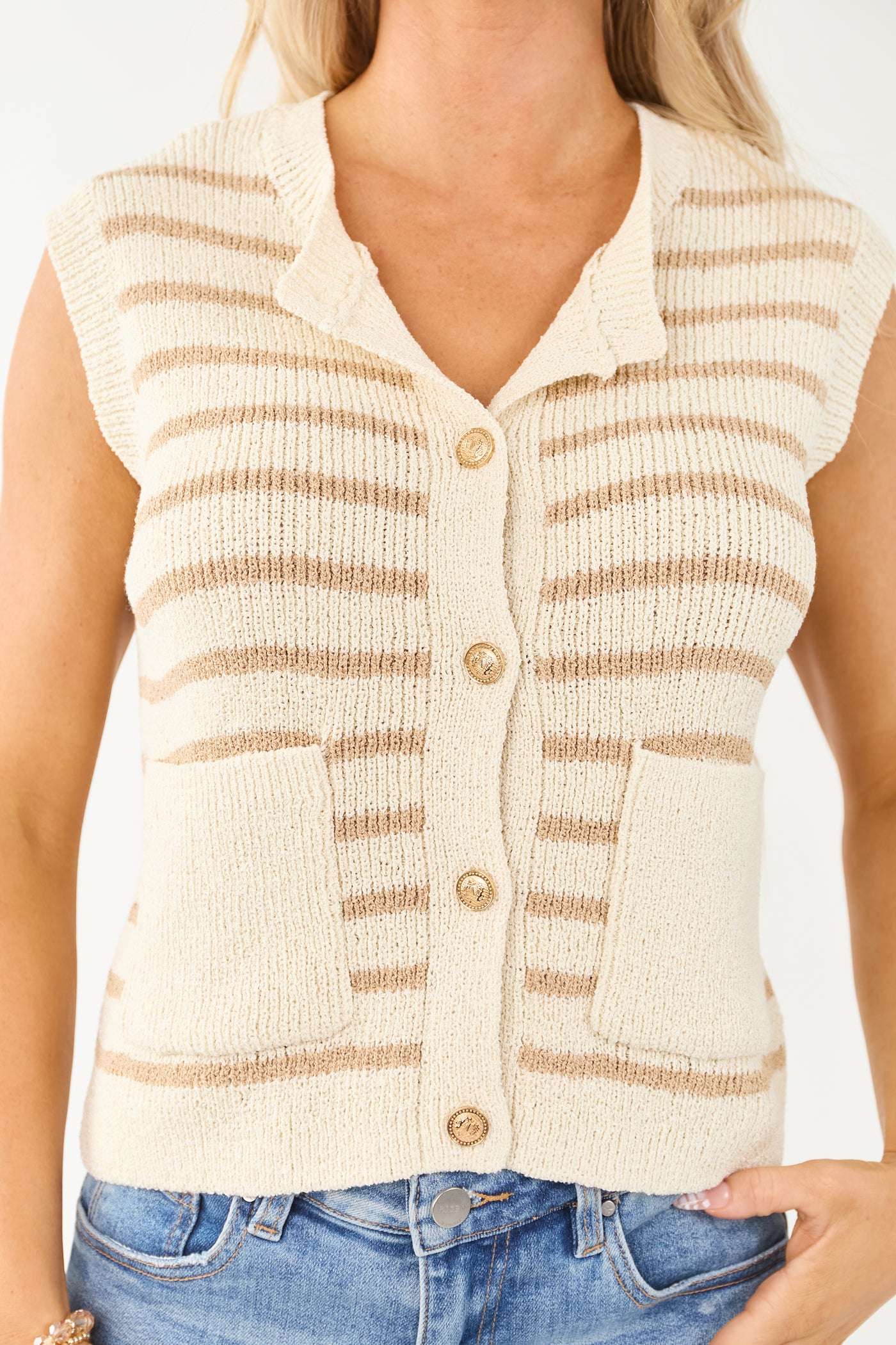Cream and Latte Striped Button Down Knit Vest