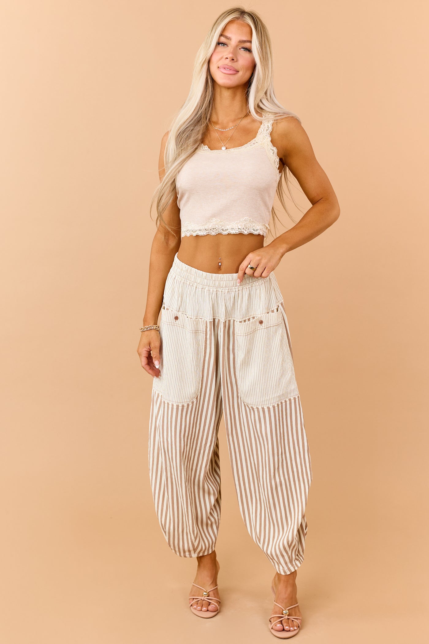 Cream and Latte Striped Wide Crop Pants