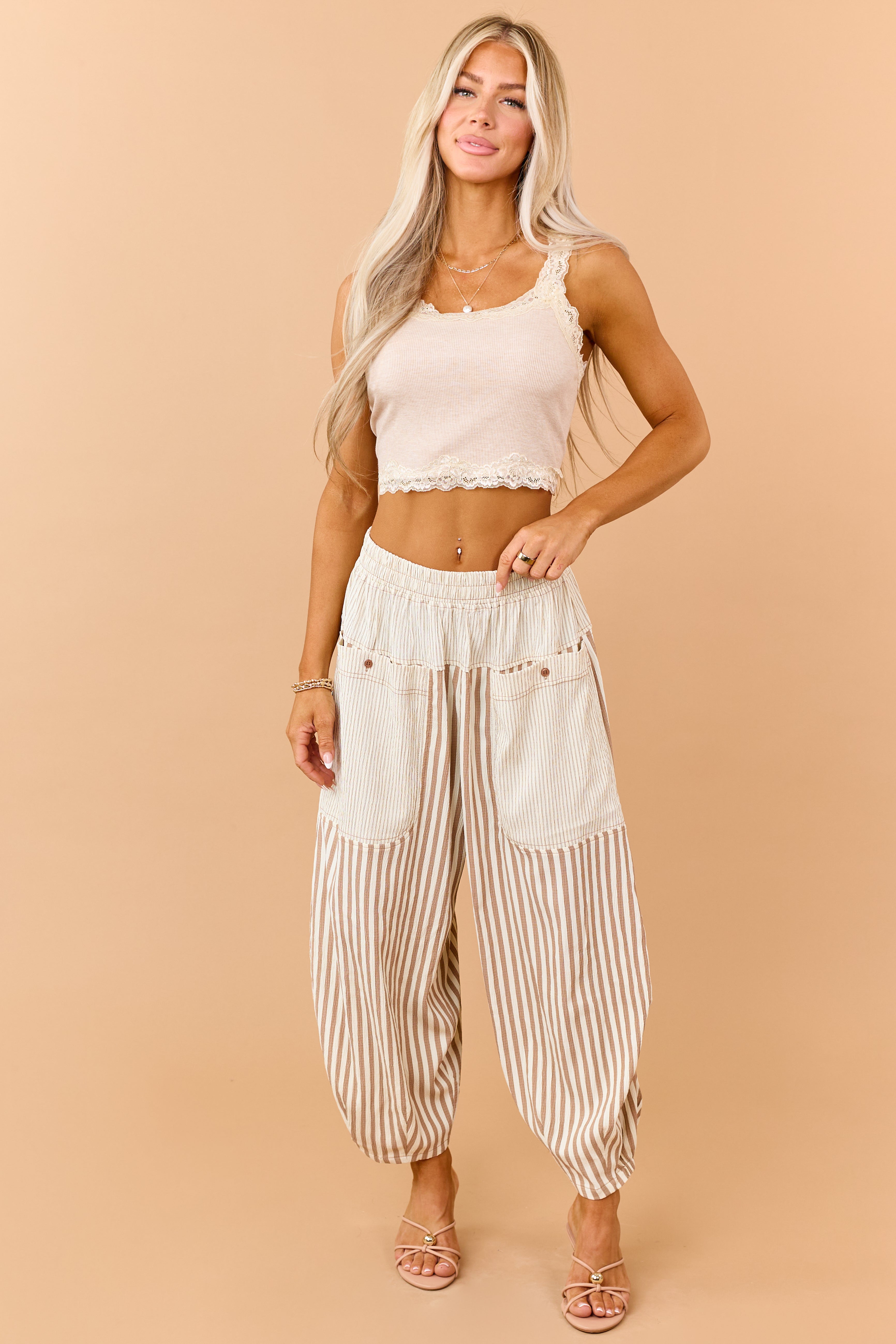 Cream and Latte Striped Wide Crop Pants
