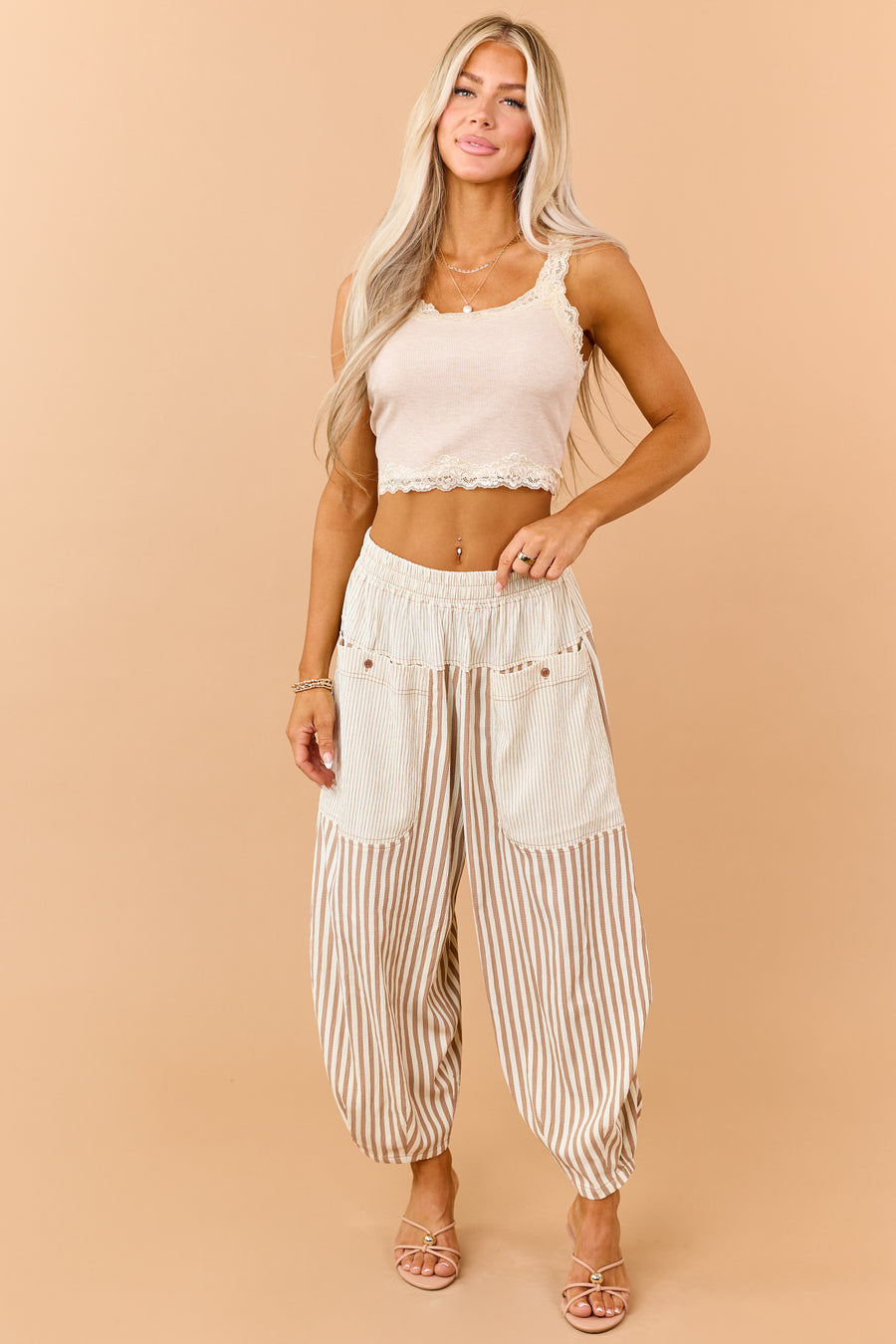 Cream and Latte Striped Wide Crop Pants