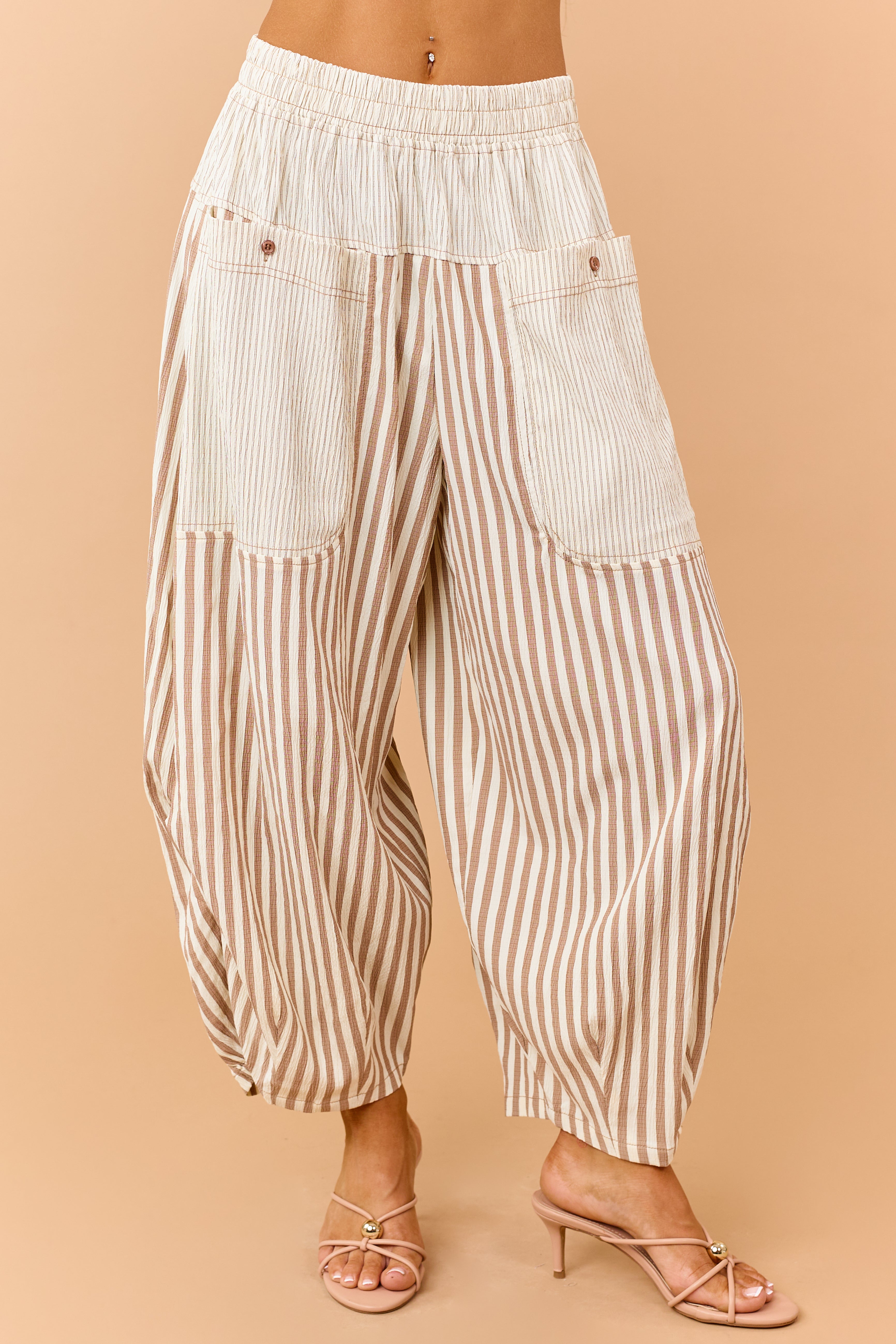 Cream and Latte Striped Wide Crop Pants