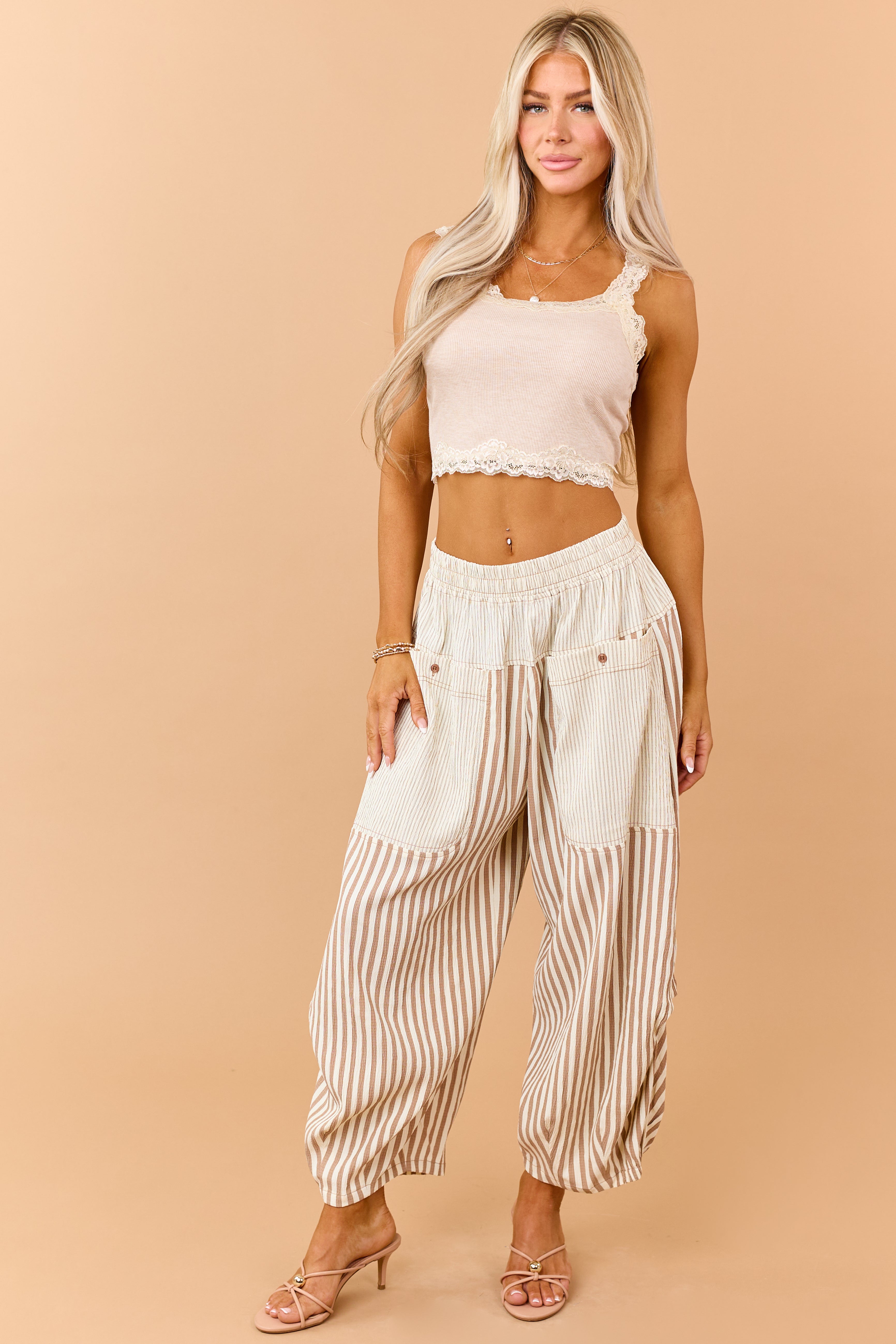 Cream and Latte Striped Wide Crop Pants