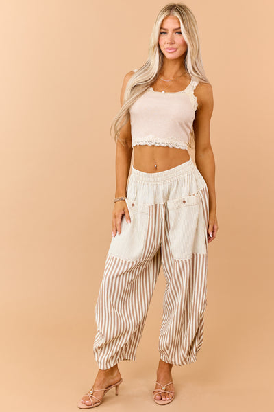 Cream and Latte Striped Wide Crop Pants