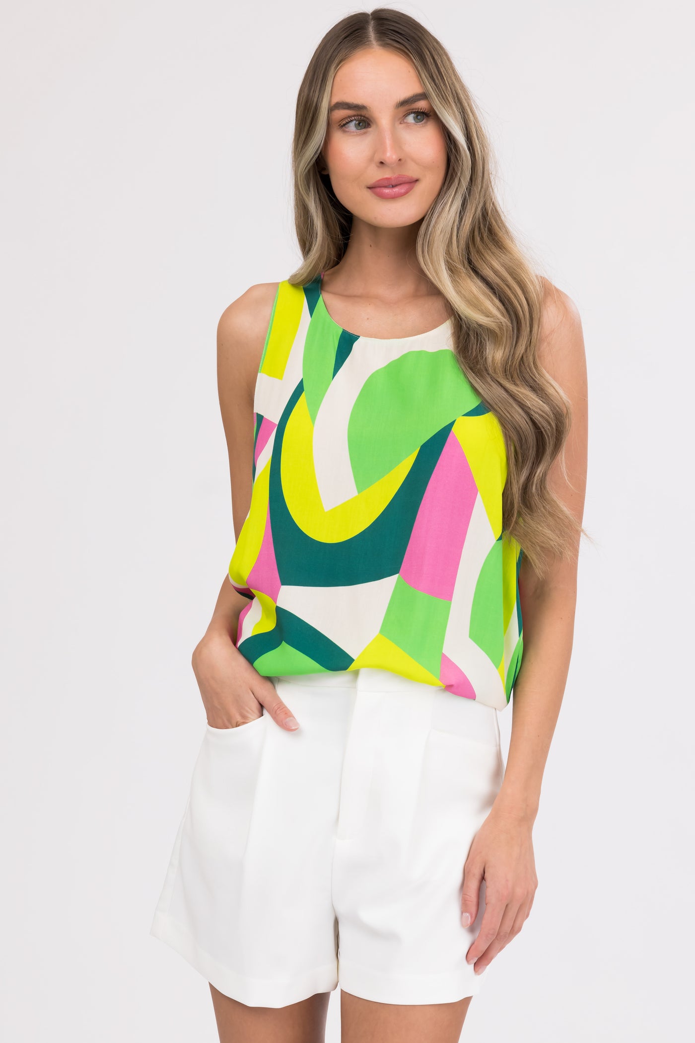 Cream and Lime Abstract Print Tank Top
