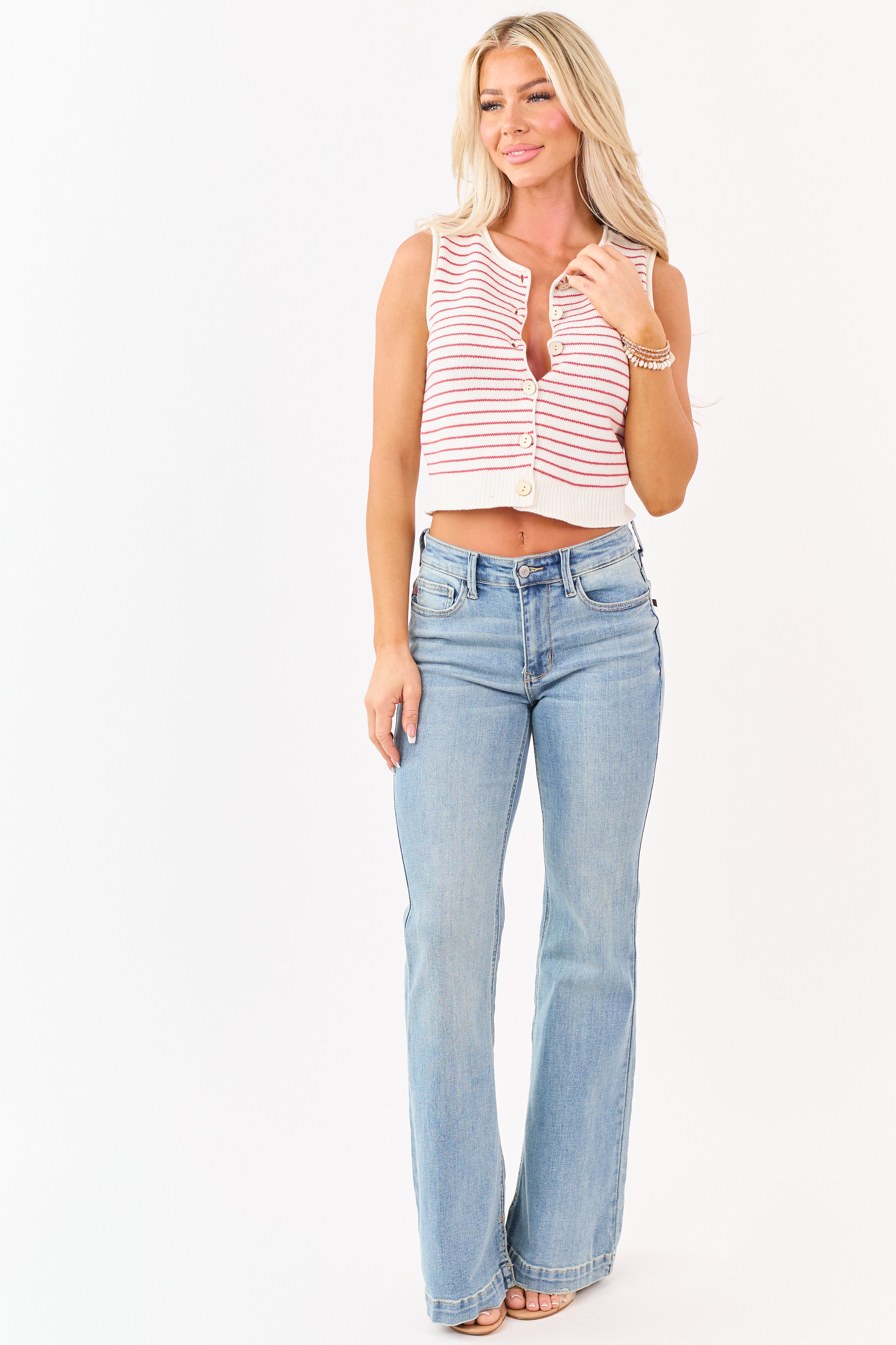 Cream and Lipstick Striped Button Down Vest Top
