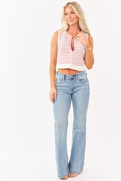 Cream and Lipstick Striped Button Down Vest Top