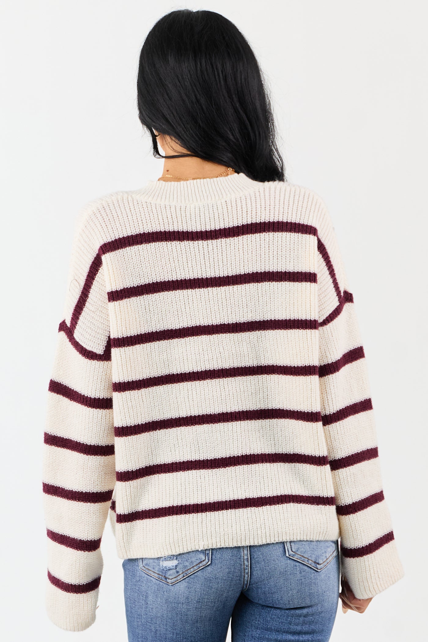 Cream and Mahogany Striped V-Neck Rib Knit Sweater