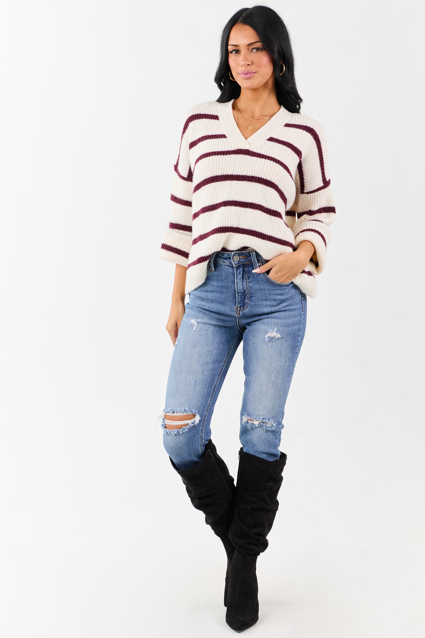 Cream and Mahogany Striped V-Neck Rib Knit Sweater