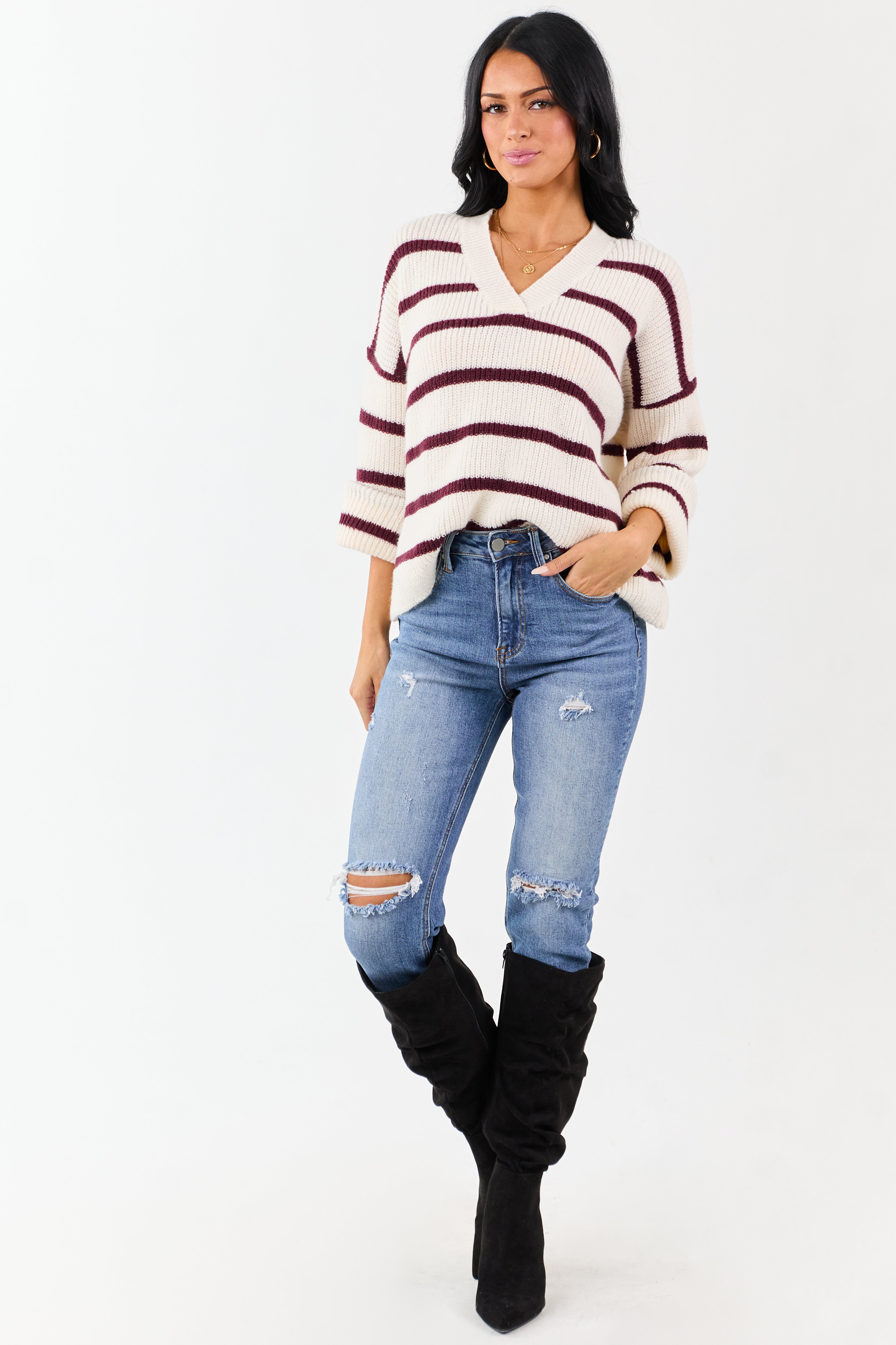 Cream and Mahogany Striped V-Neck Rib Knit Sweater