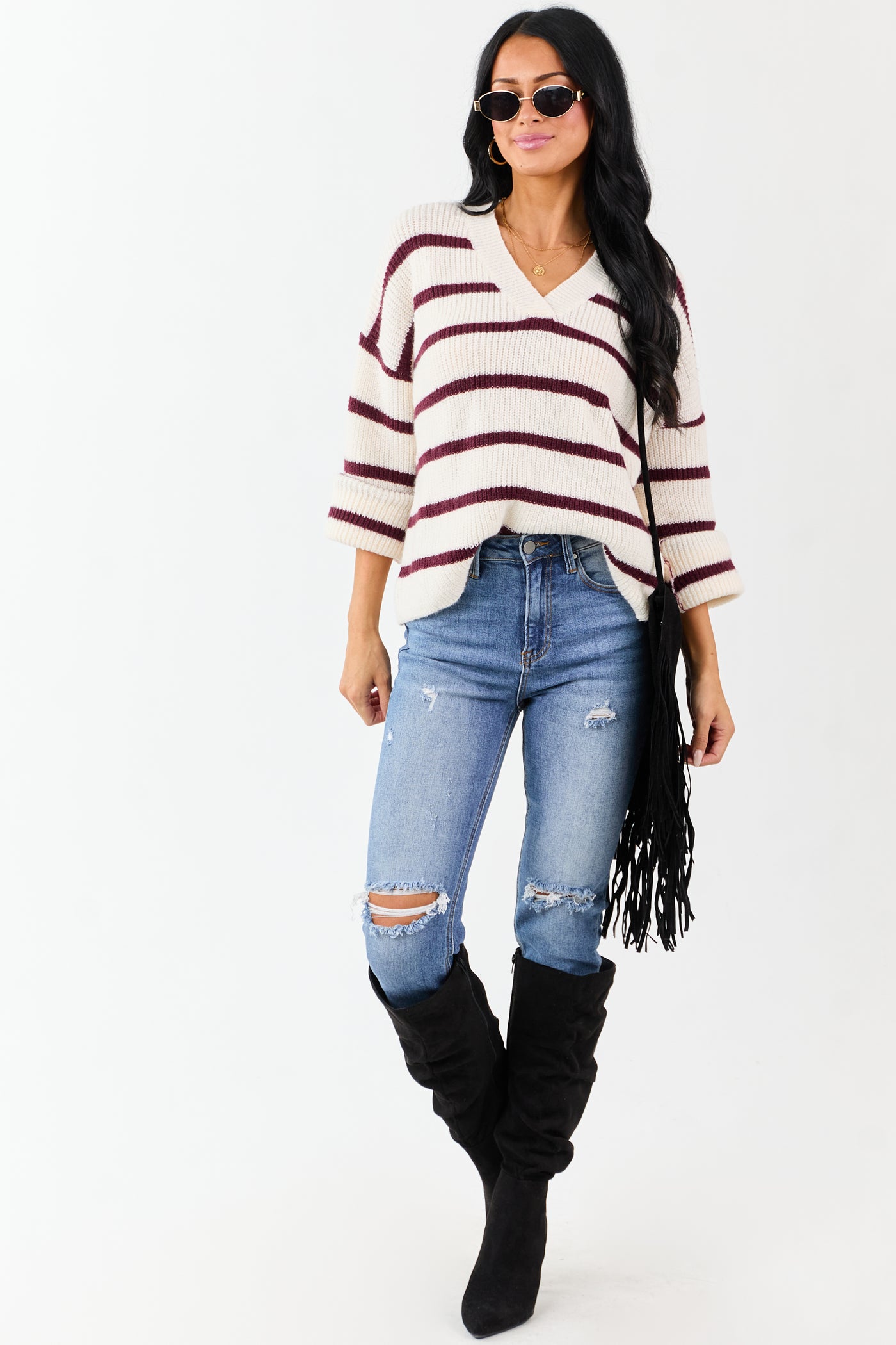Cream and Mahogany Striped V-Neck Rib Knit Sweater