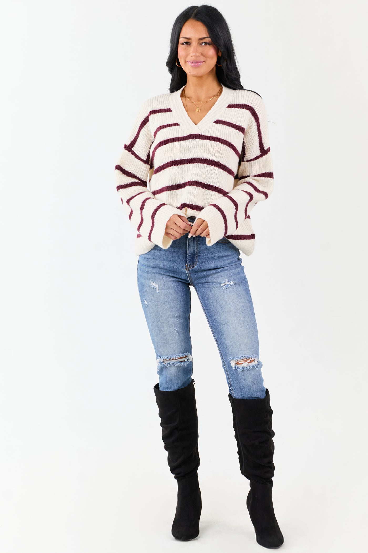 Cream and Mahogany Striped V-Neck Rib Knit Sweater