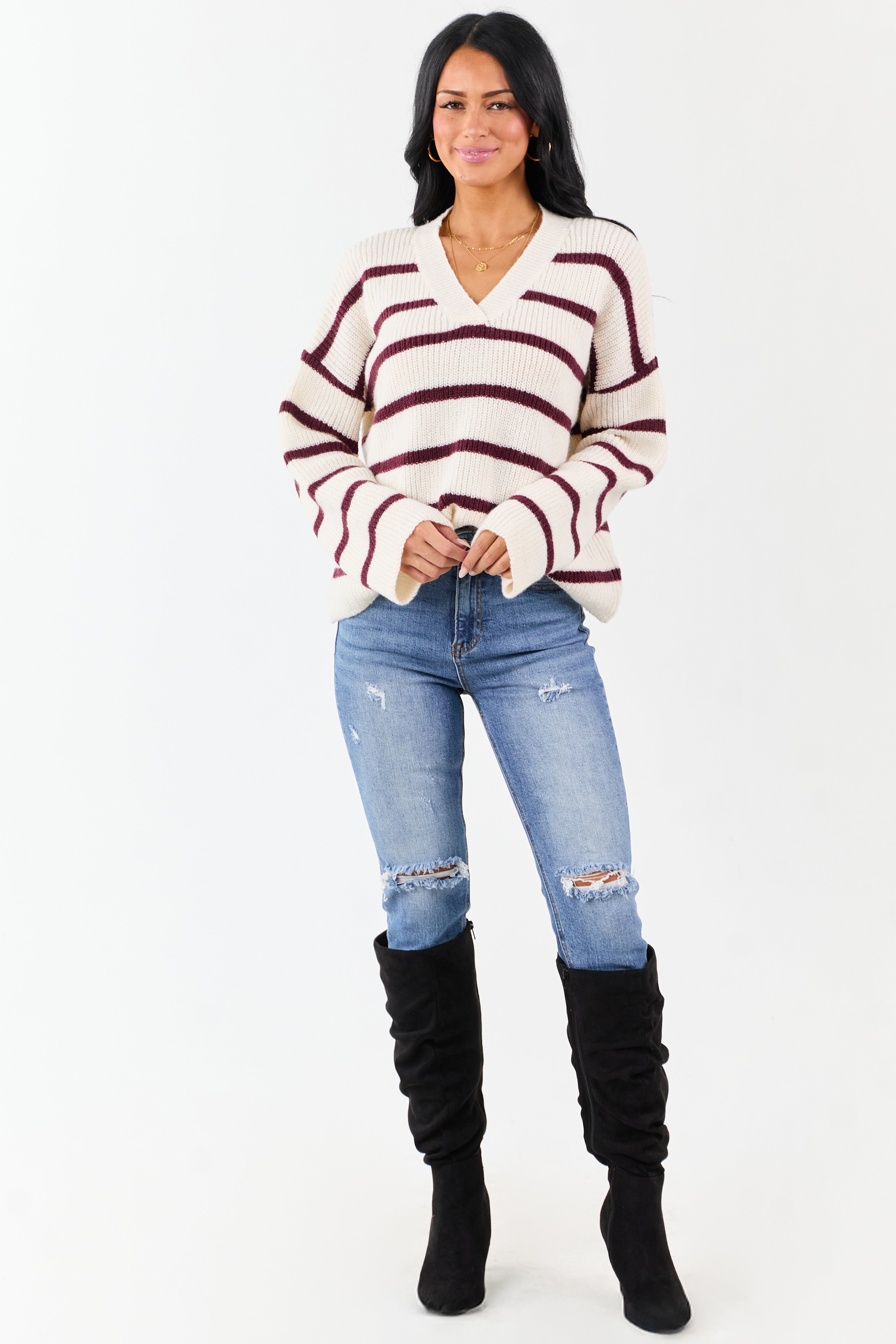 Cream and Mahogany Striped V-Neck Rib Knit Sweater