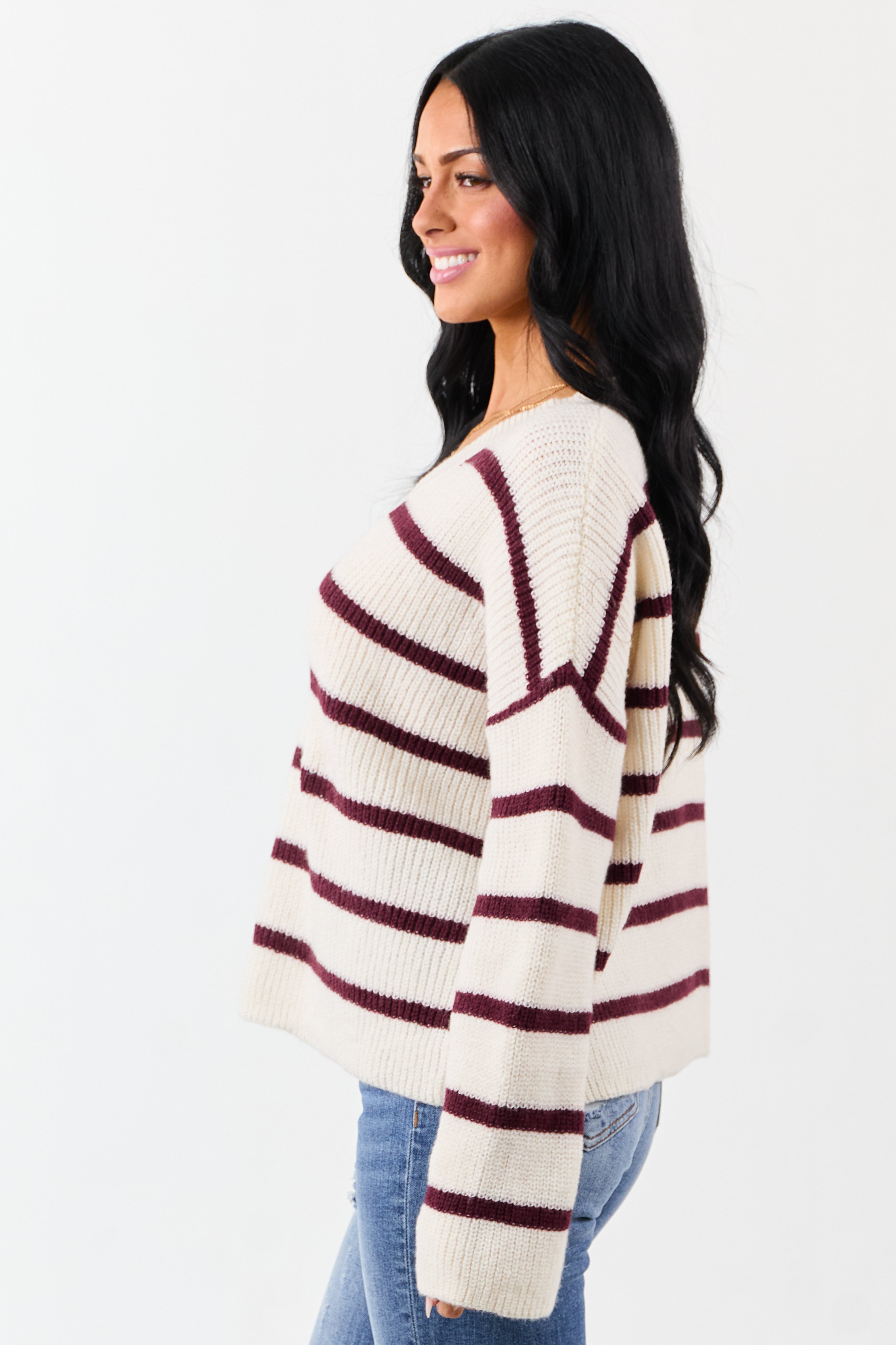 Cream and Mahogany Striped V-Neck Rib Knit Sweater
