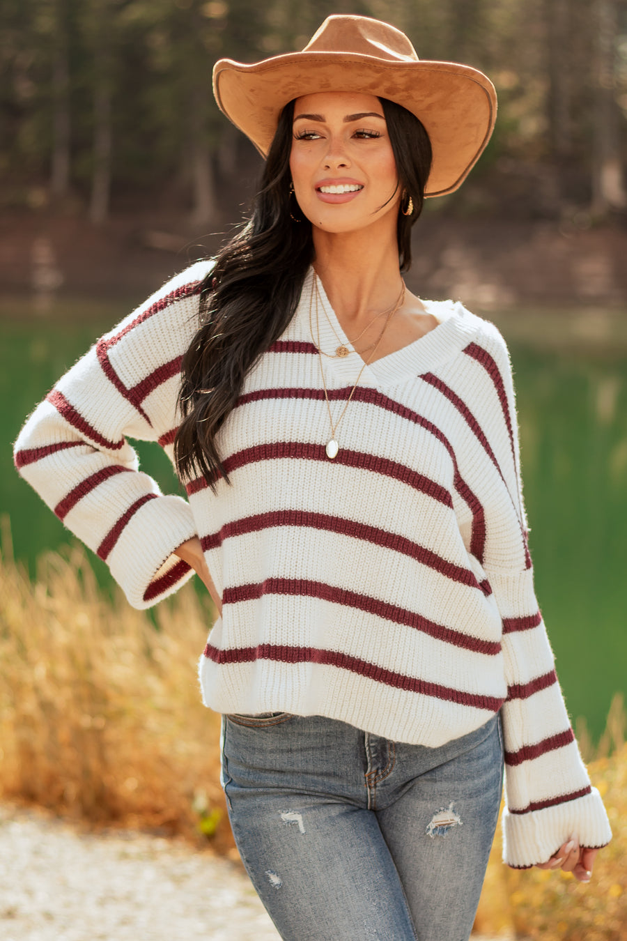 Cream and Mahogany Striped V-Neck Rib Knit Sweater