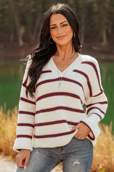 Cream and Mahogany Striped V-Neck Rib Knit Sweater