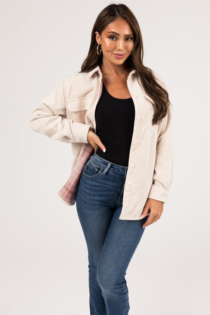 Cream and Mauve Reversible Button Up Shacket