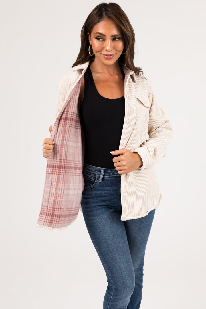 Cream and Mauve Reversible Button Up Shacket