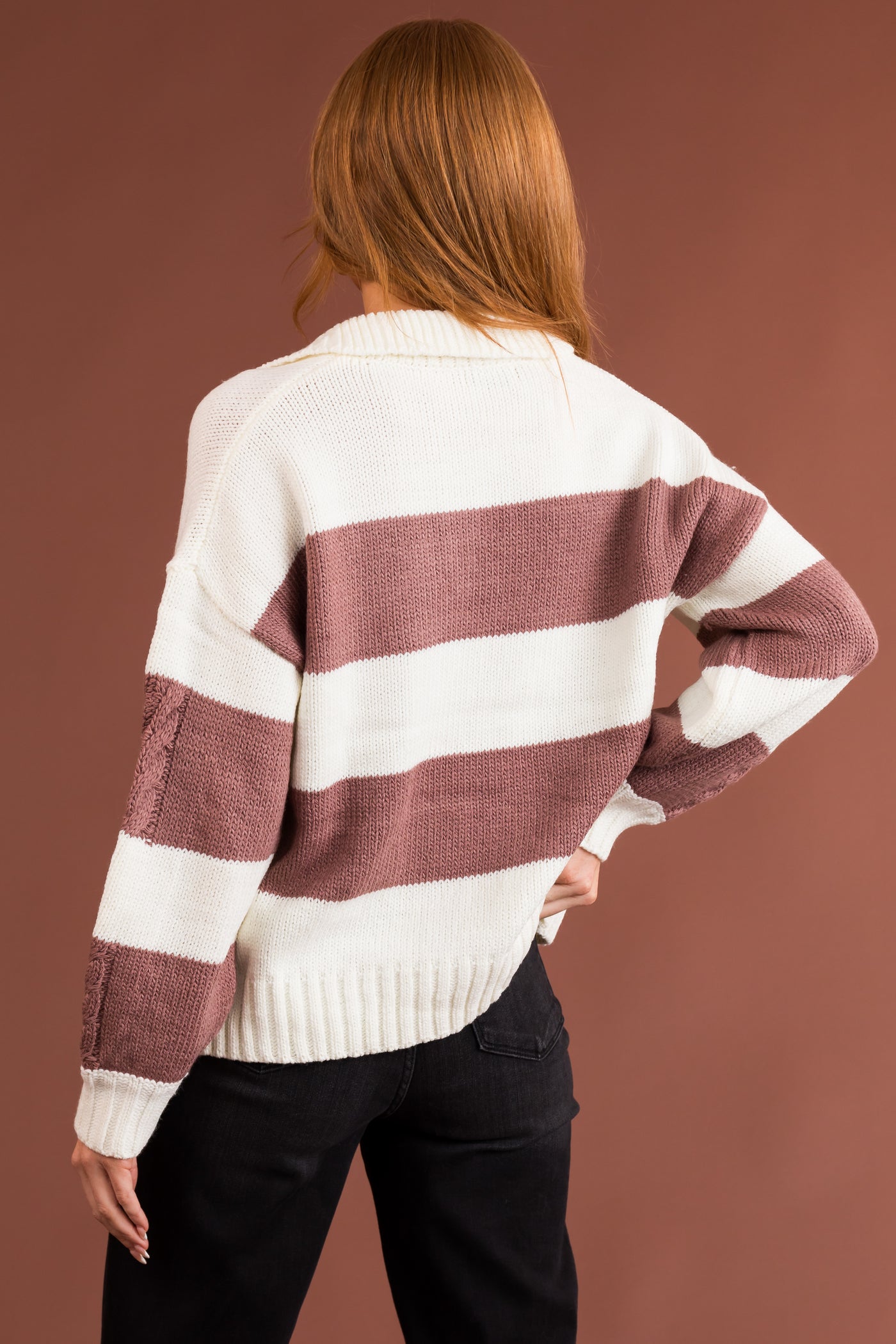 Cream and Mauve Striped Collared Knit Sweater