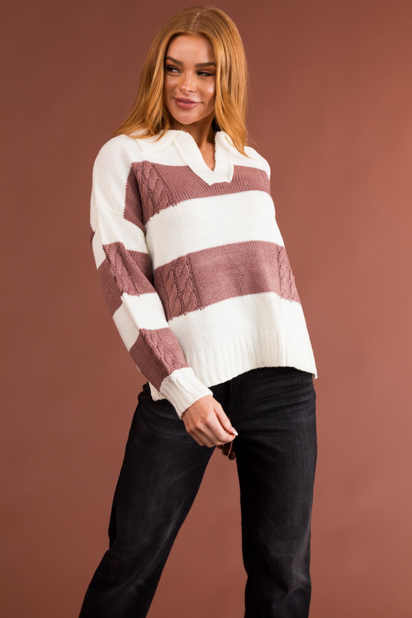 Cream and Mauve Striped Collared Knit Sweater