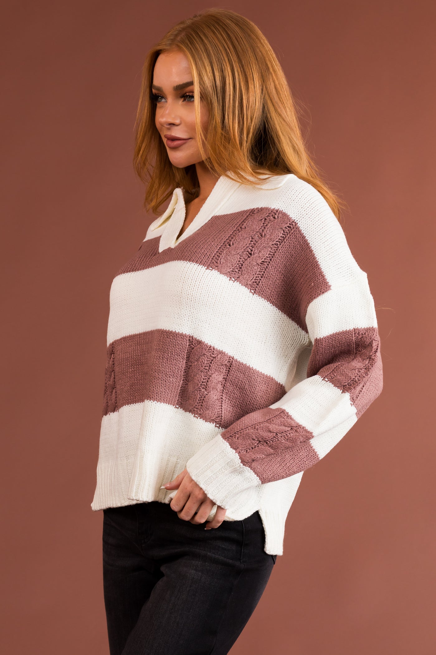 Cream and Mauve Striped Collared Knit Sweater