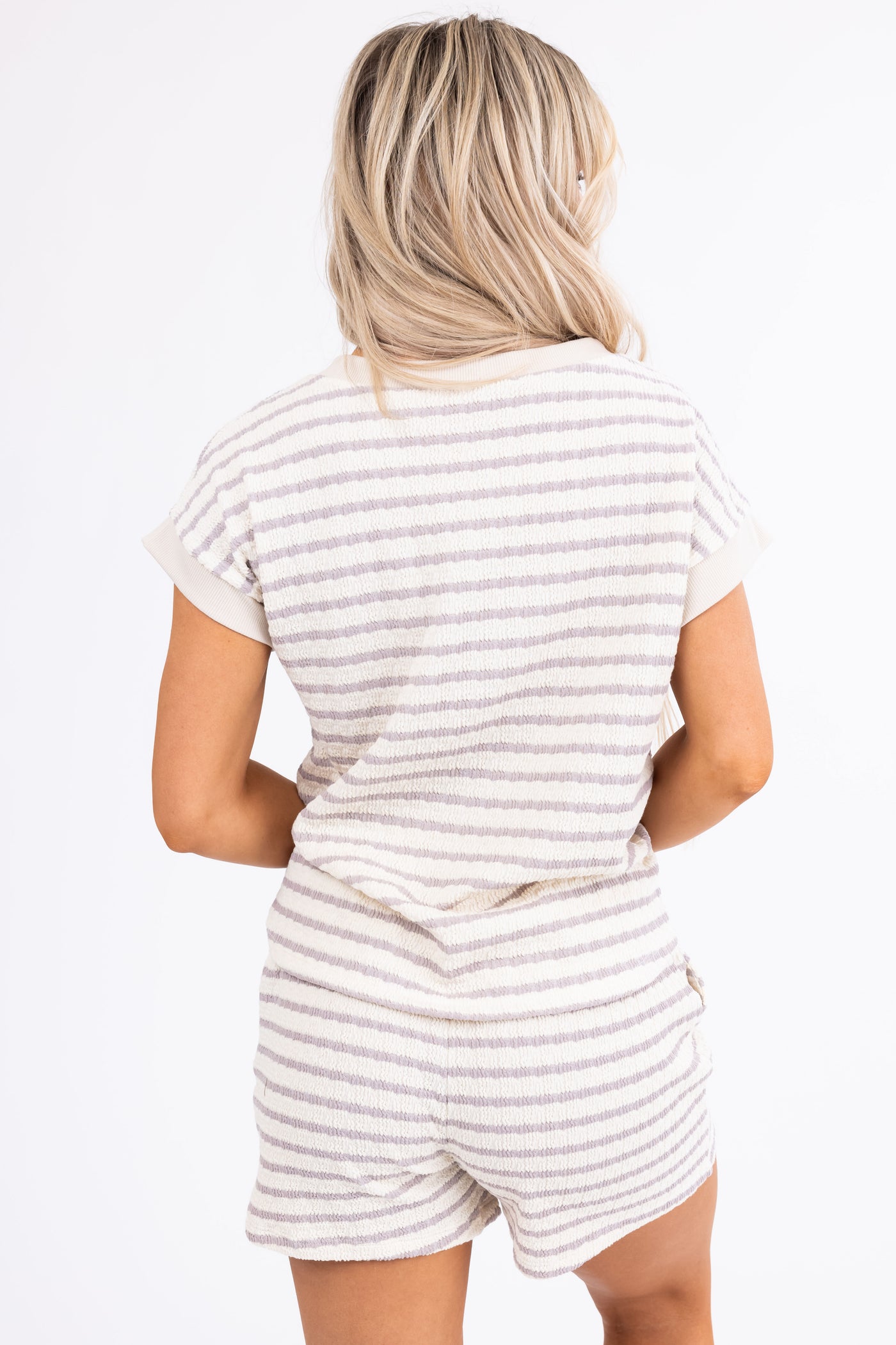 Cream and Mauve Striped Textured Knit Top