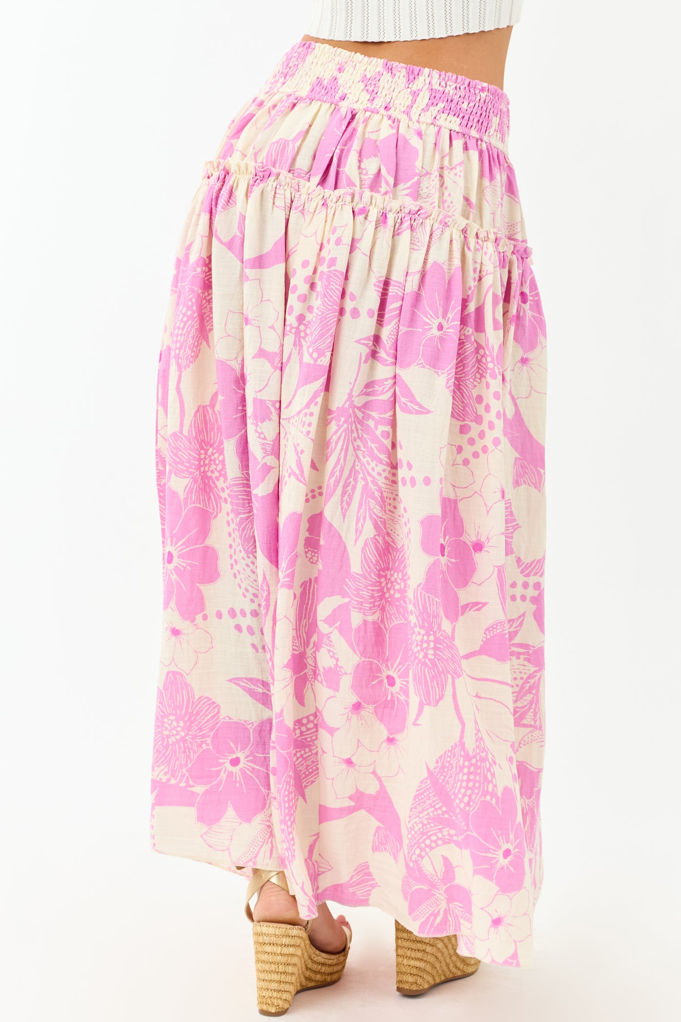 Cream and Mauve Vacation Print Smocked Maxi Skirt