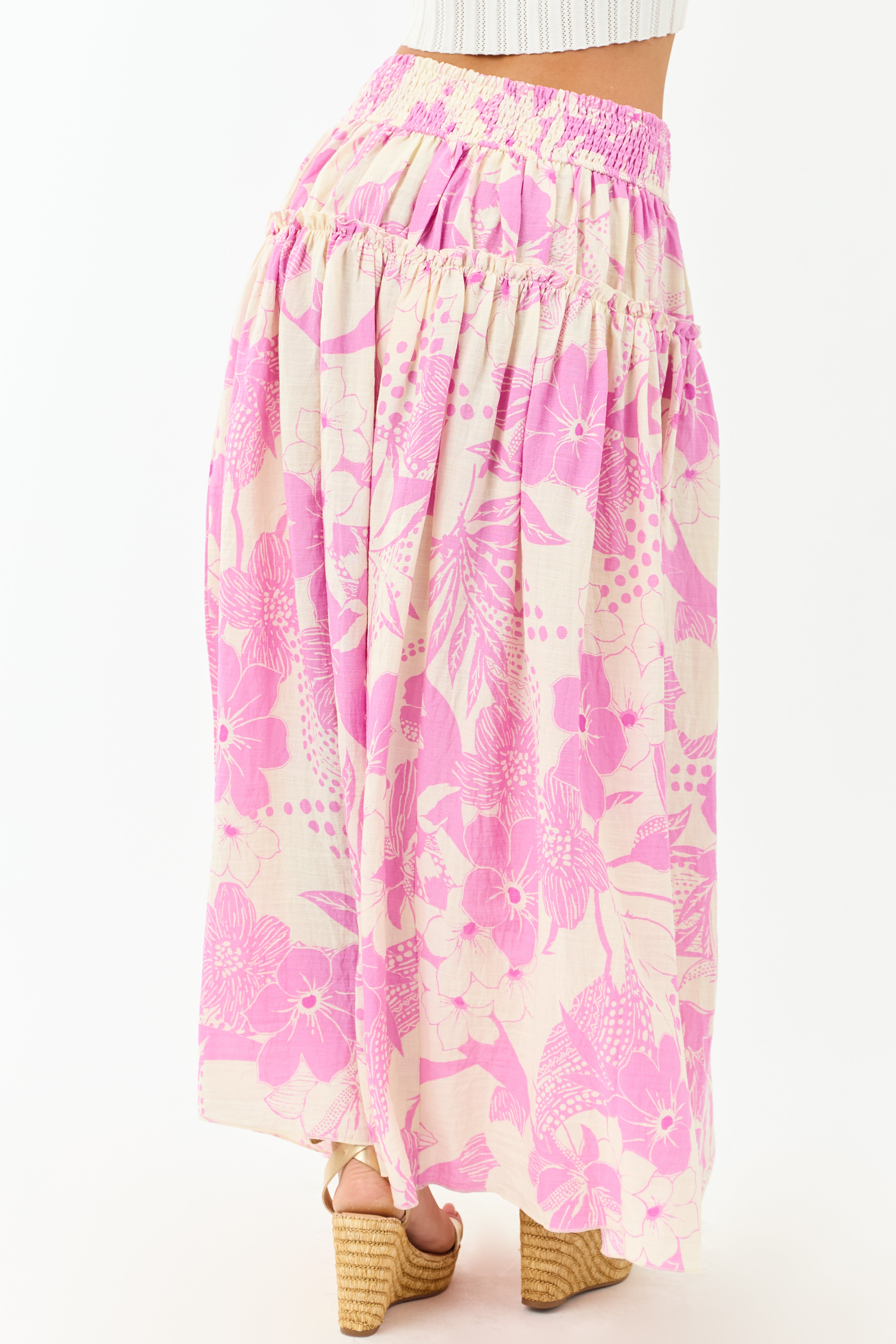 Cream and Mauve Vacation Print Smocked Maxi Skirt