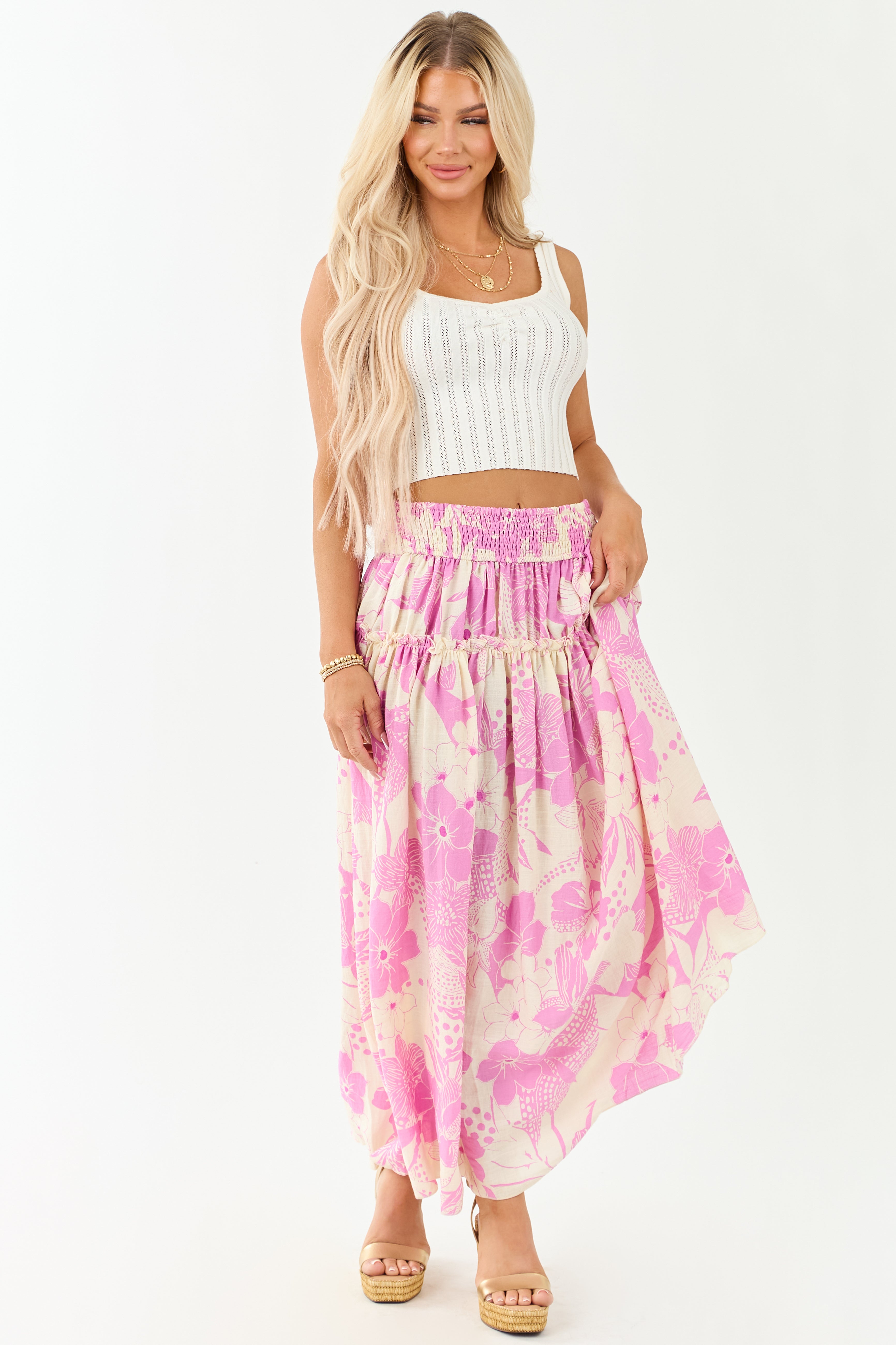 Cream and Mauve Vacation Print Smocked Maxi Skirt
