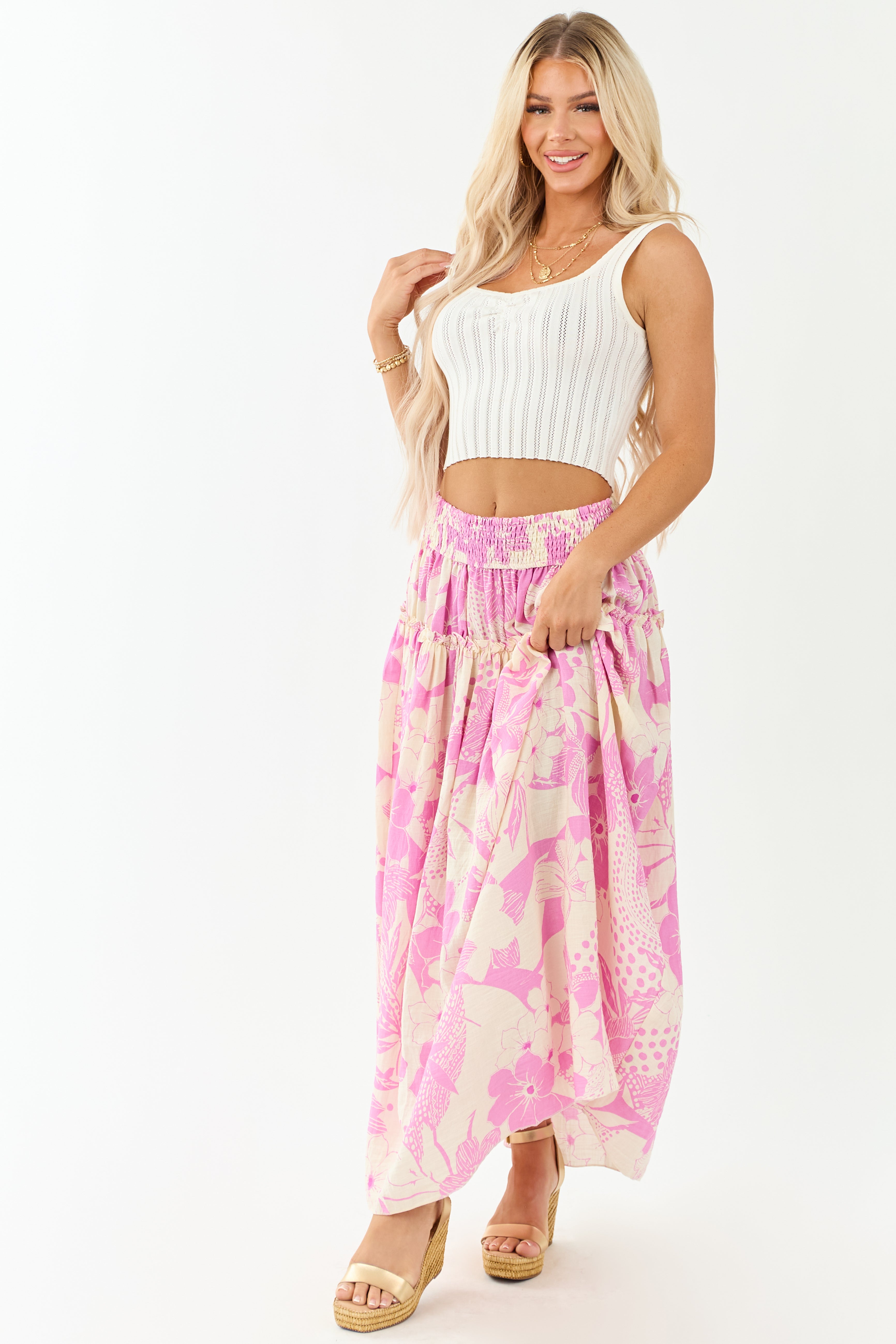 Cream and Mauve Vacation Print Smocked Maxi Skirt