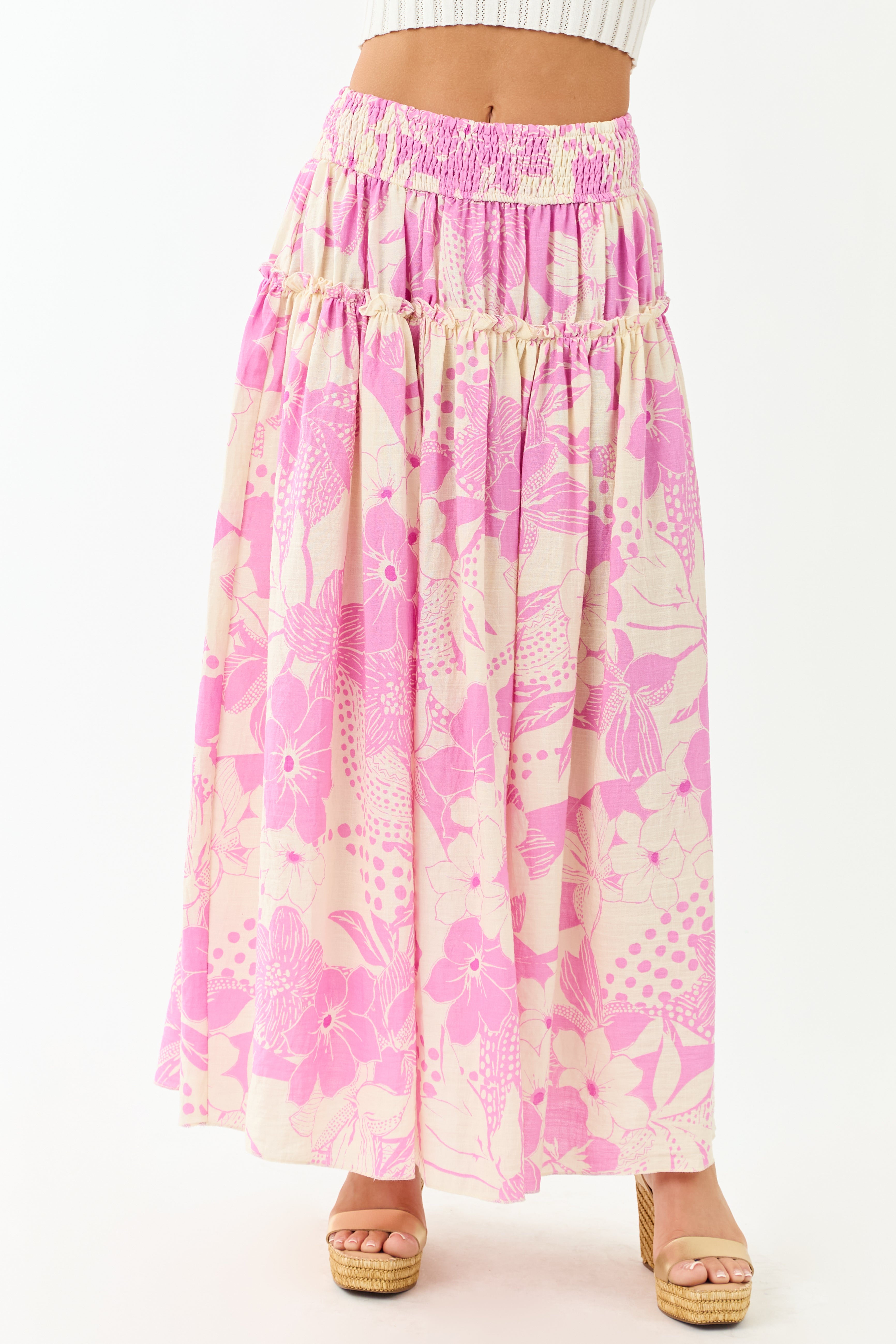 Cream and Mauve Vacation Print Smocked Maxi Skirt