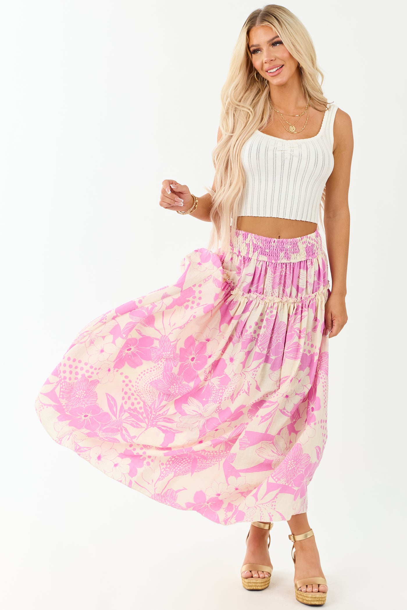 Cream and Mauve Vacation Print Smocked Maxi Skirt