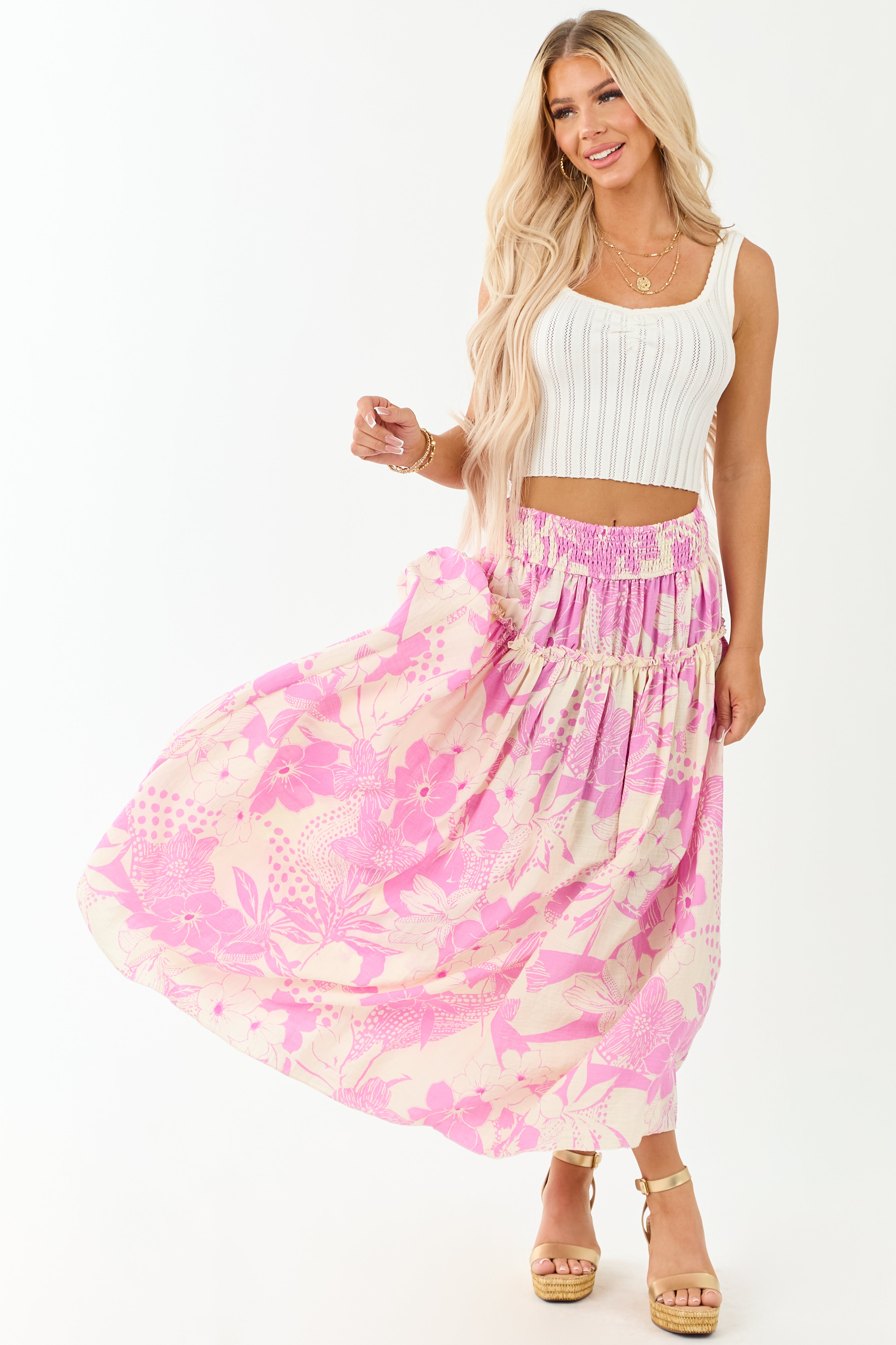 Cream and Mauve Vacation Print Smocked Maxi Skirt