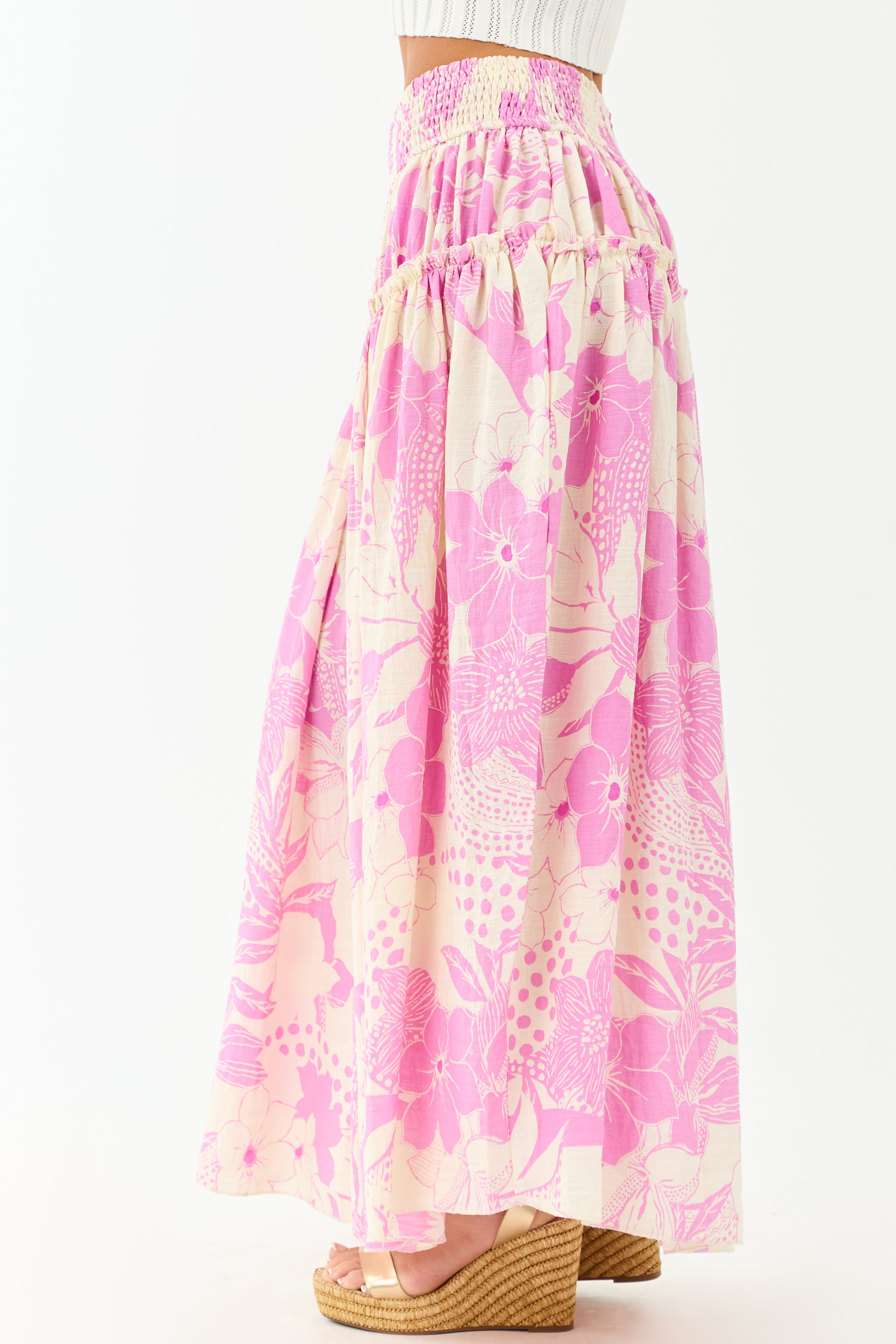Cream and Mauve Vacation Print Smocked Maxi Skirt
