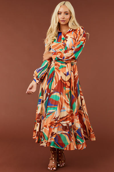 Cream and Melon Abstract Print Midi Dress
