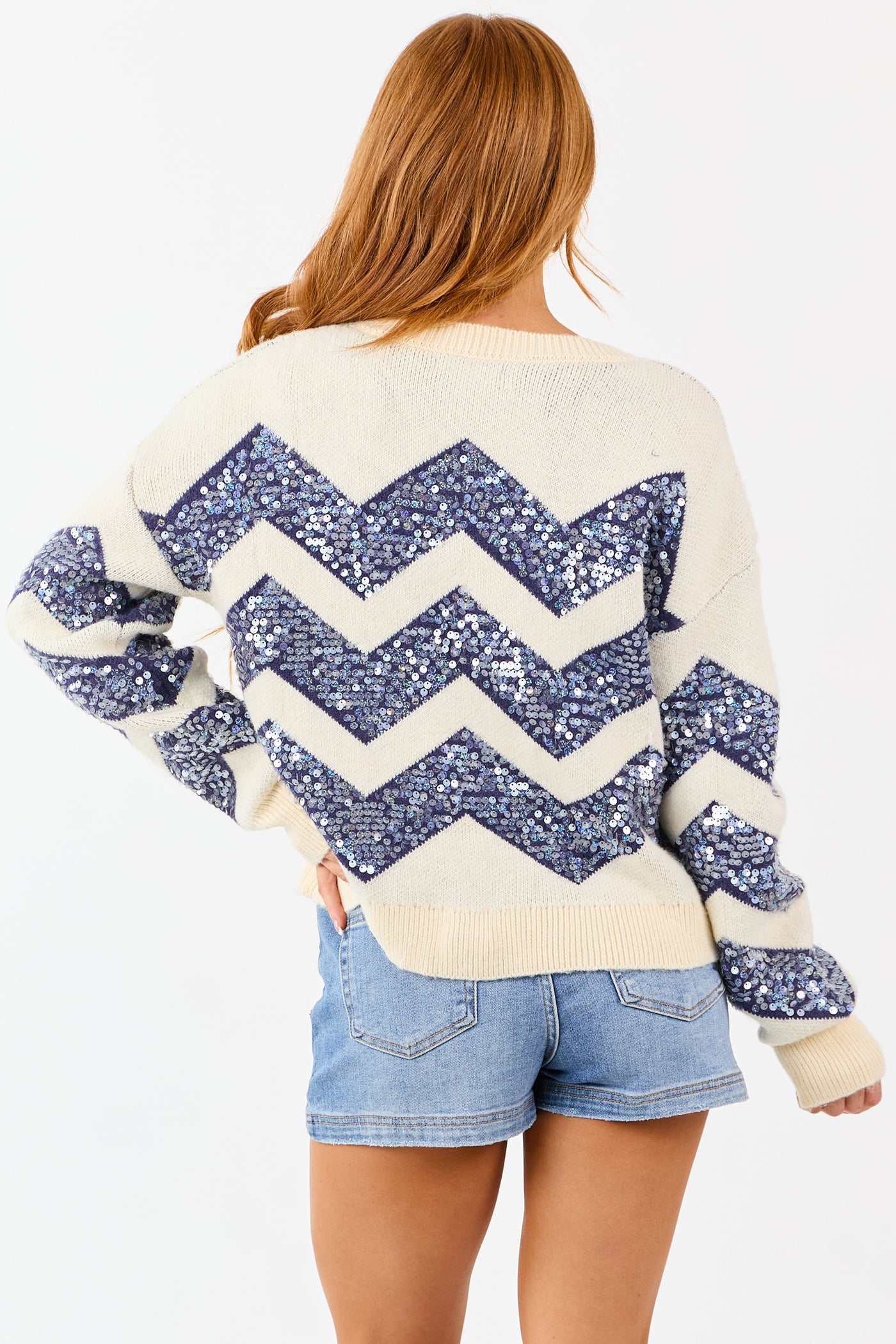 Cream and Navy Chevron Sequined Knit Sweater