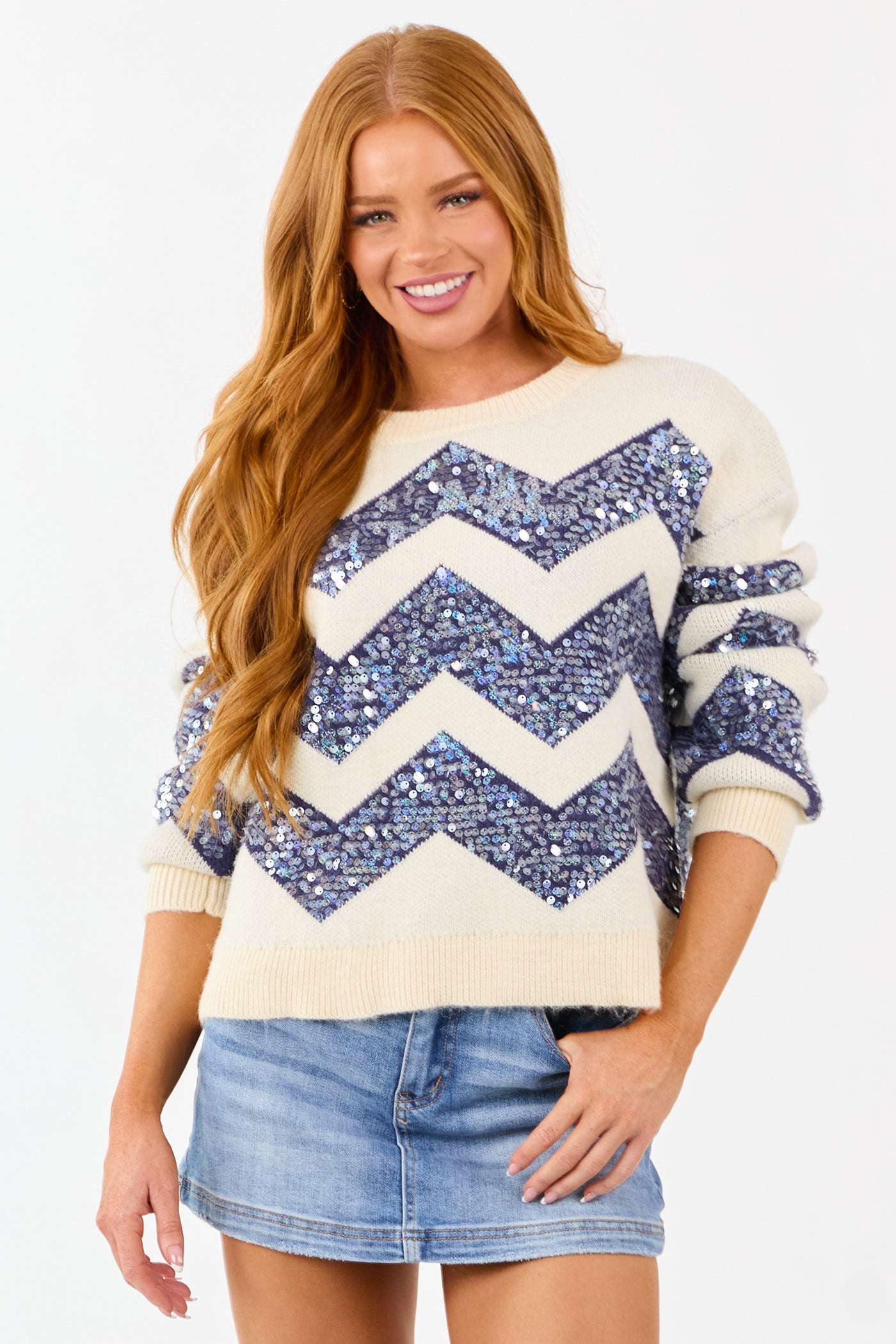 Cream and Navy Chevron Sequined Knit Sweater