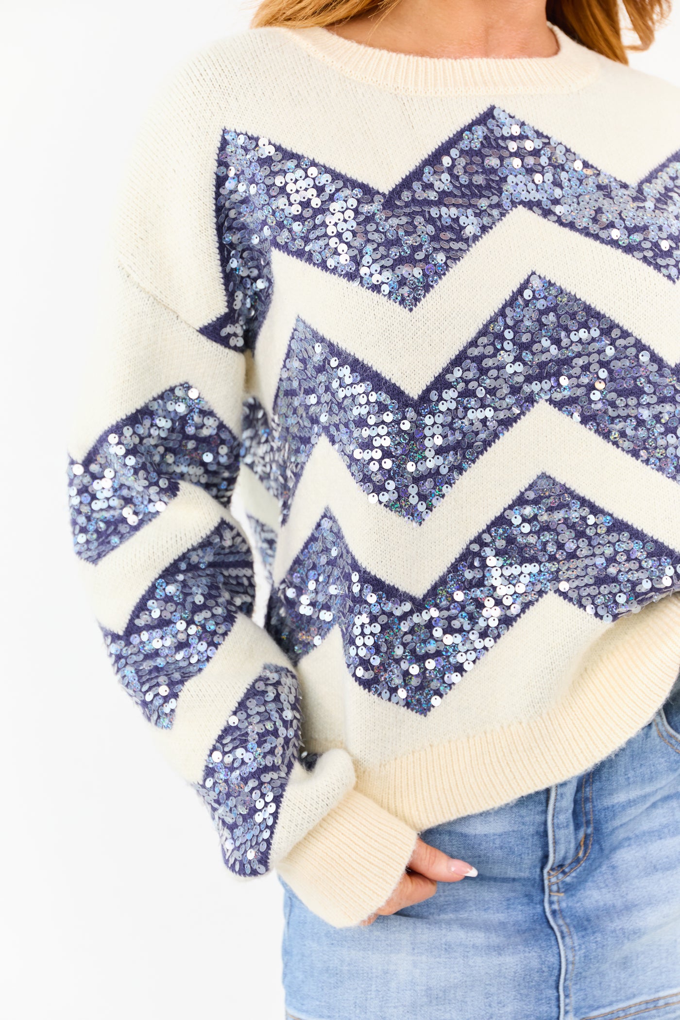 Cream and Navy Chevron Sequined Knit Sweater