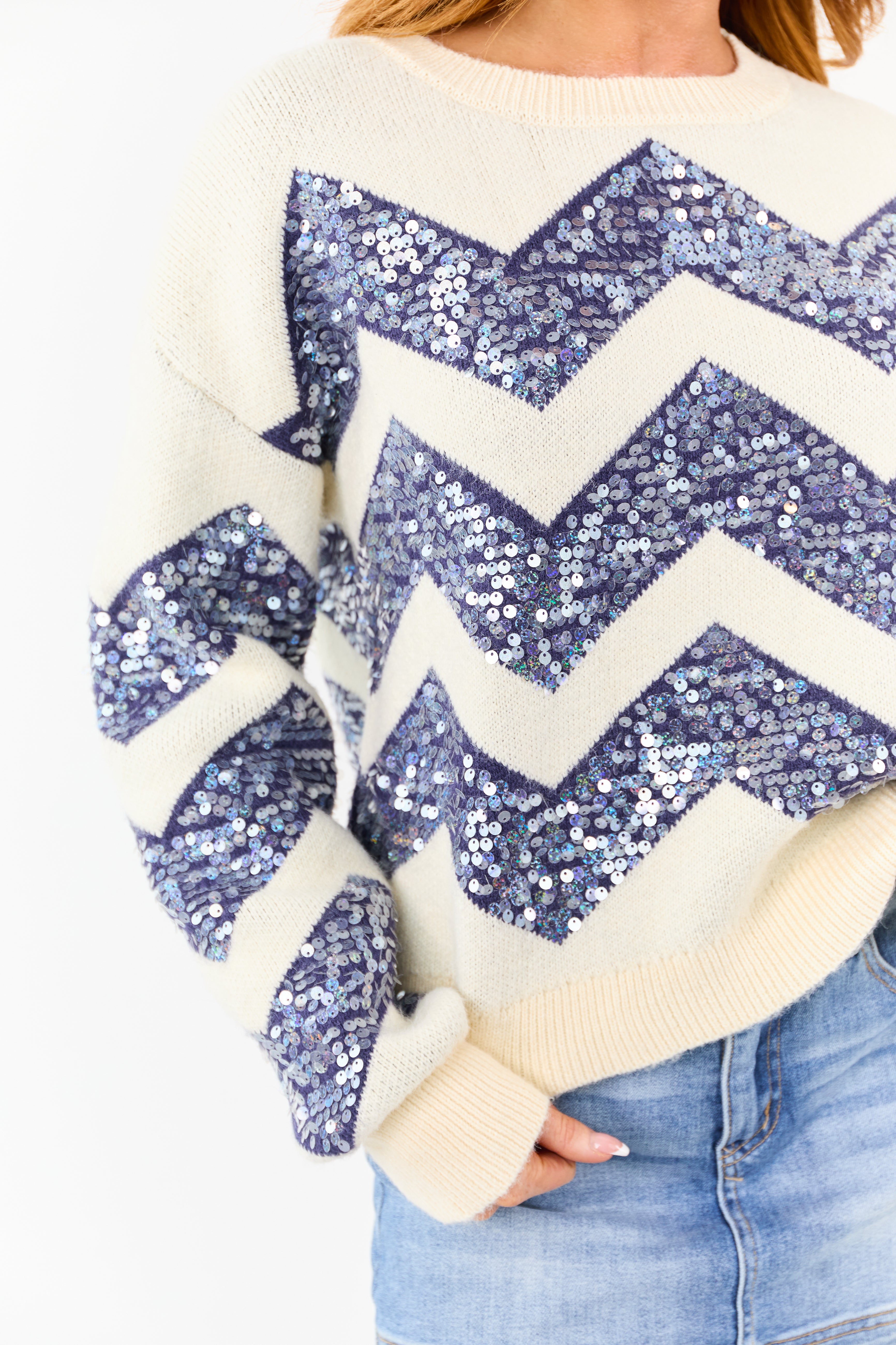 Cream and Navy Chevron Sequined Knit Sweater