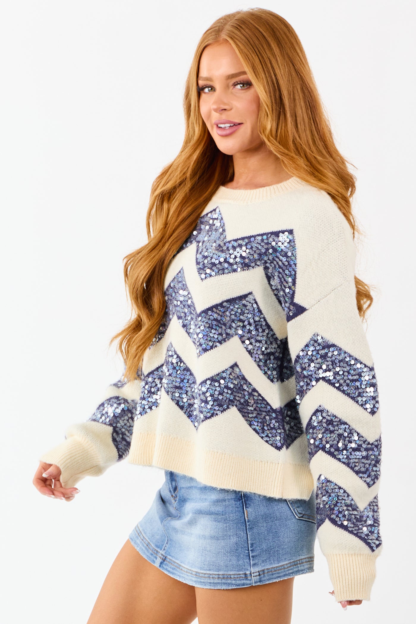 Cream and Navy Chevron Sequined Knit Sweater