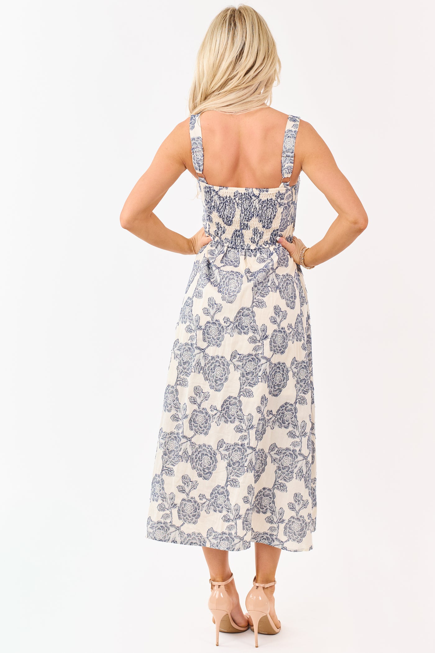 Cream and Navy Floral Jacquard Sleeveless Midi Dress
