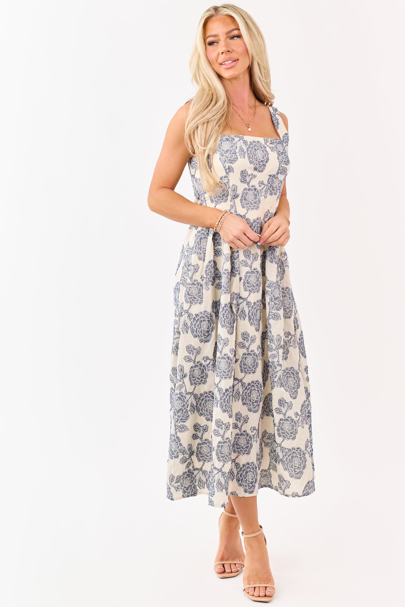 Cream and Navy Floral Jacquard Sleeveless Midi Dress Cream and Navy Floral Jacquard Sleeveless Midi Dress