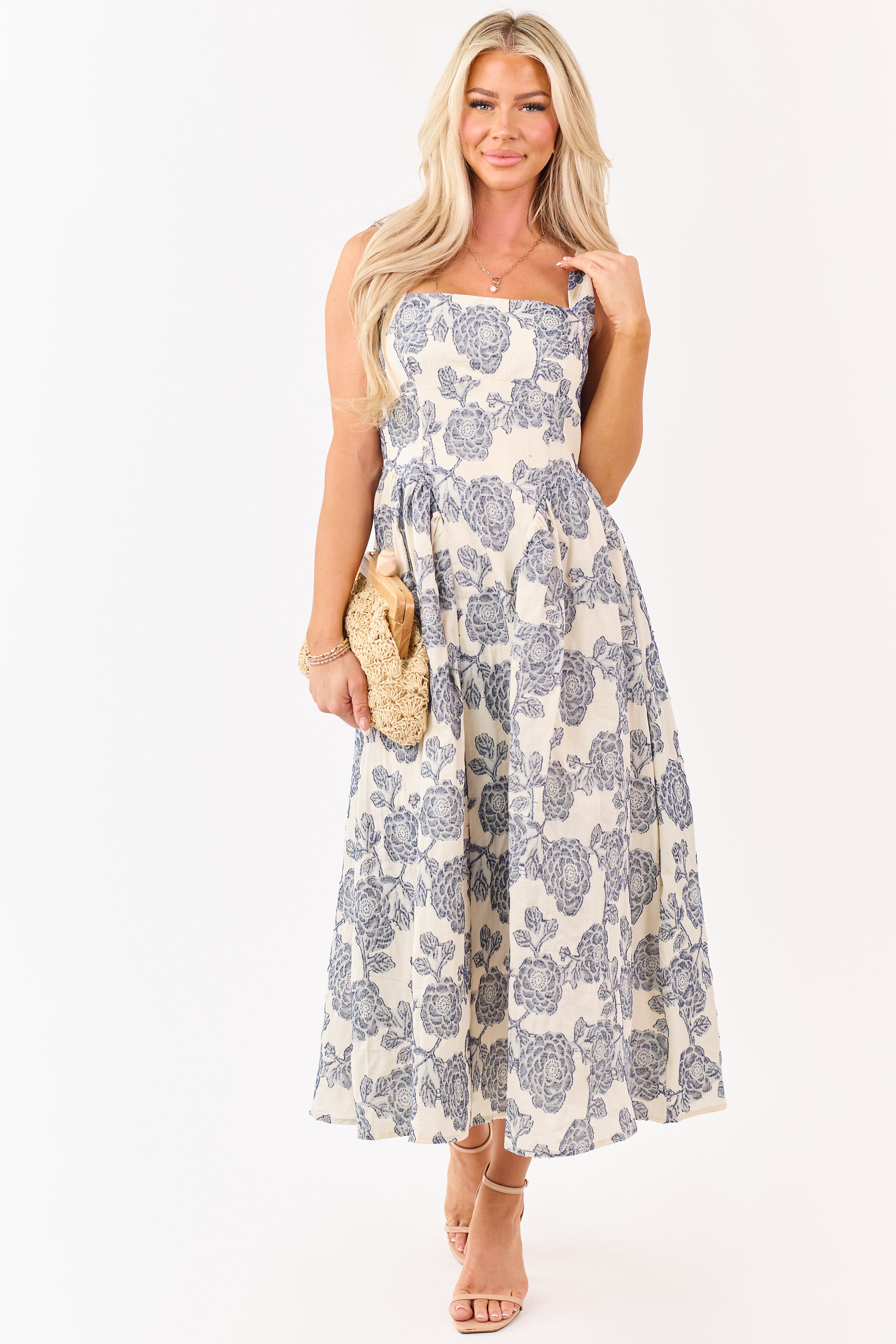 Cream and Navy Floral Jacquard Sleeveless Midi Dress | Lime Lush