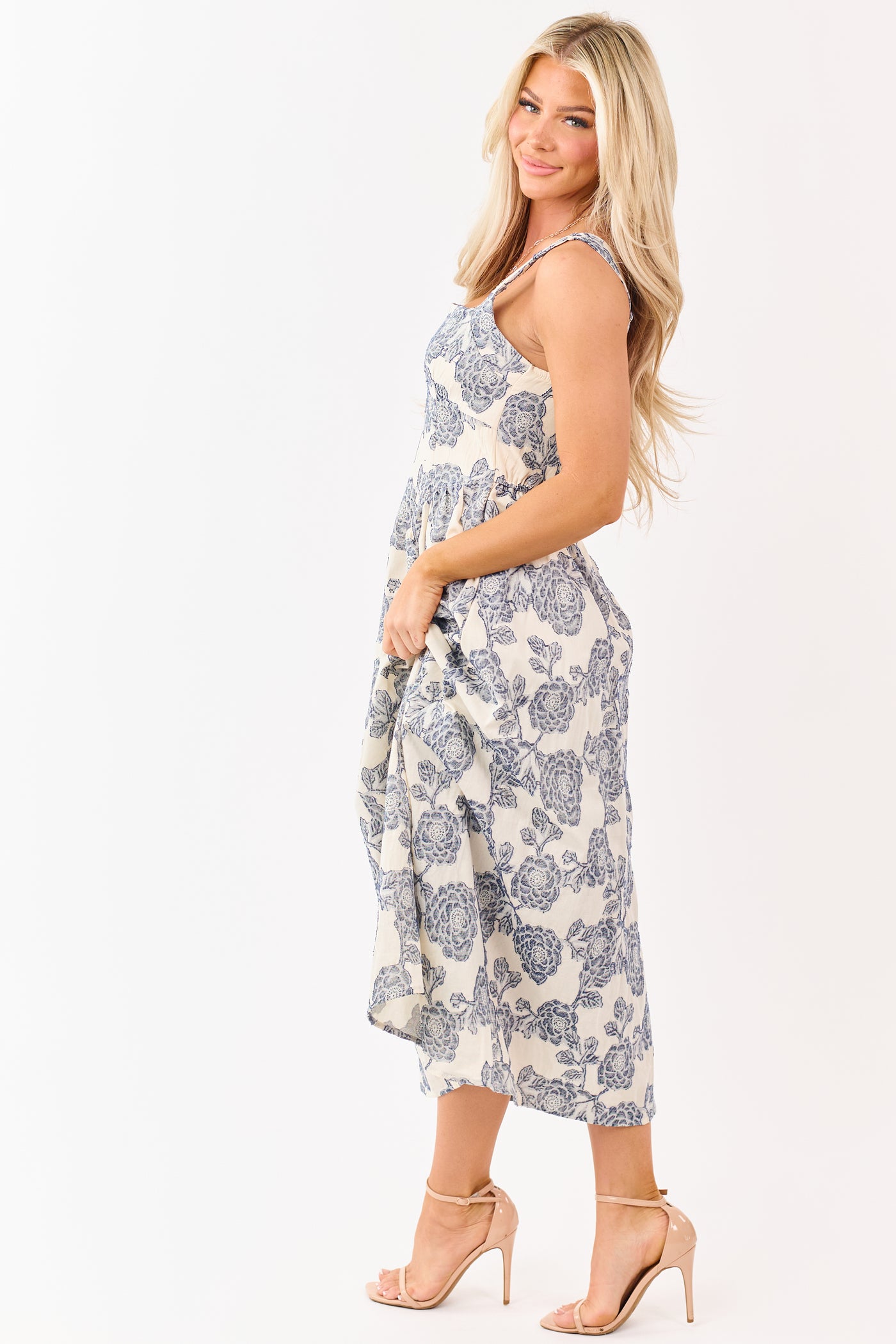 Cream and Navy Floral Jacquard Sleeveless Midi Dress