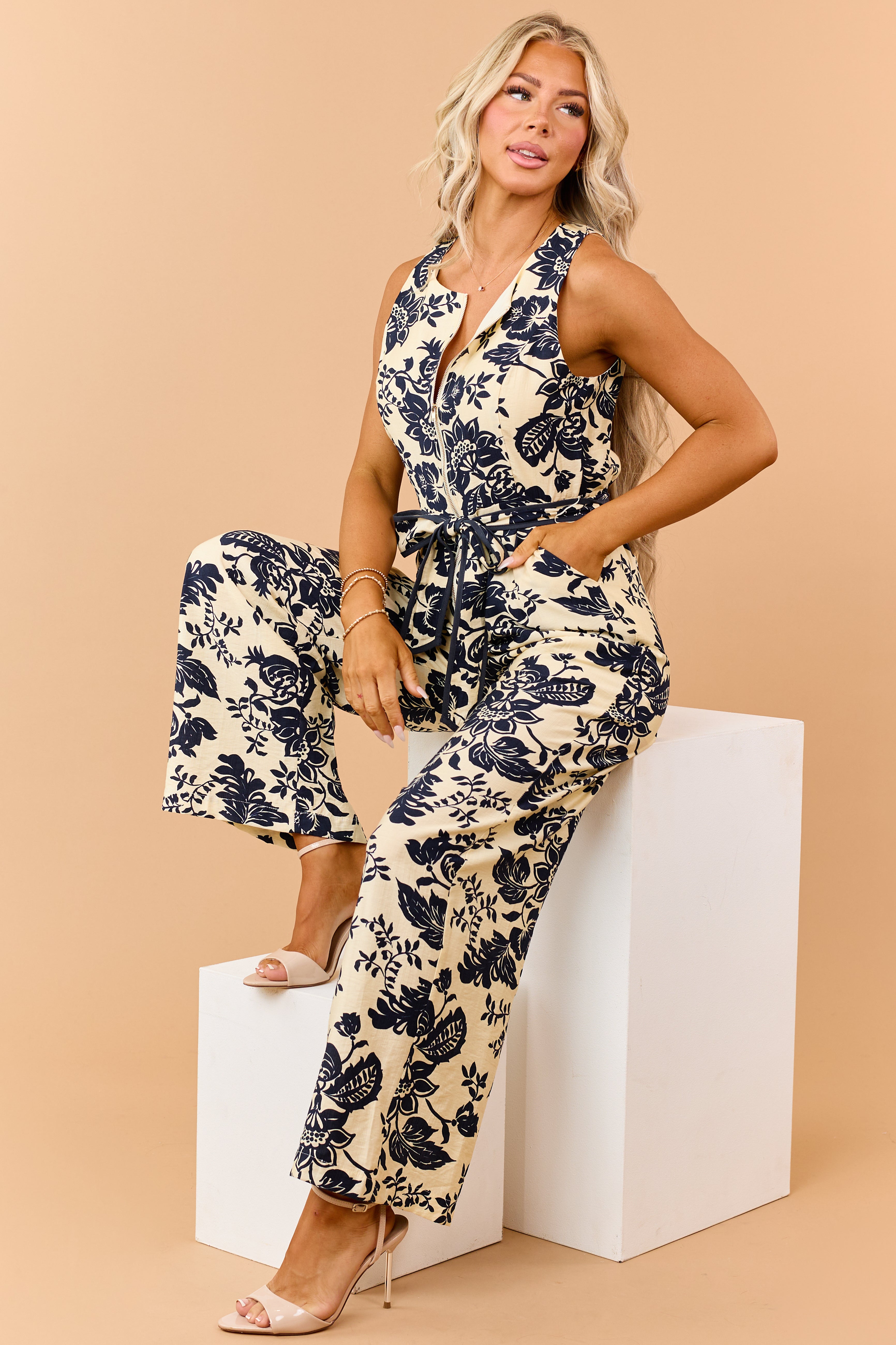 Cream and Navy Floral Print Waist Tie Jumpsuit