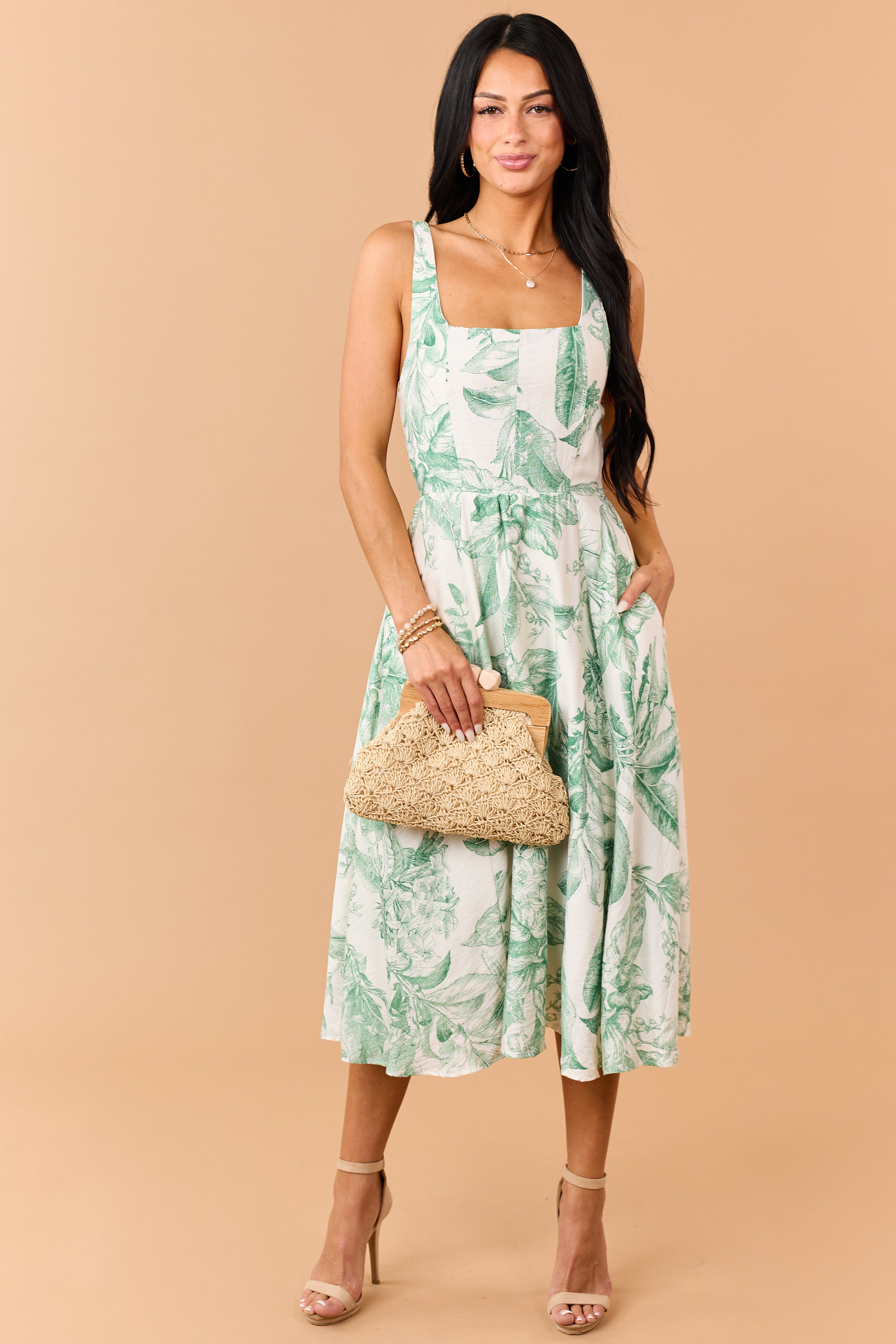 Cream and Pine Vintage Floral Print Midi Dress