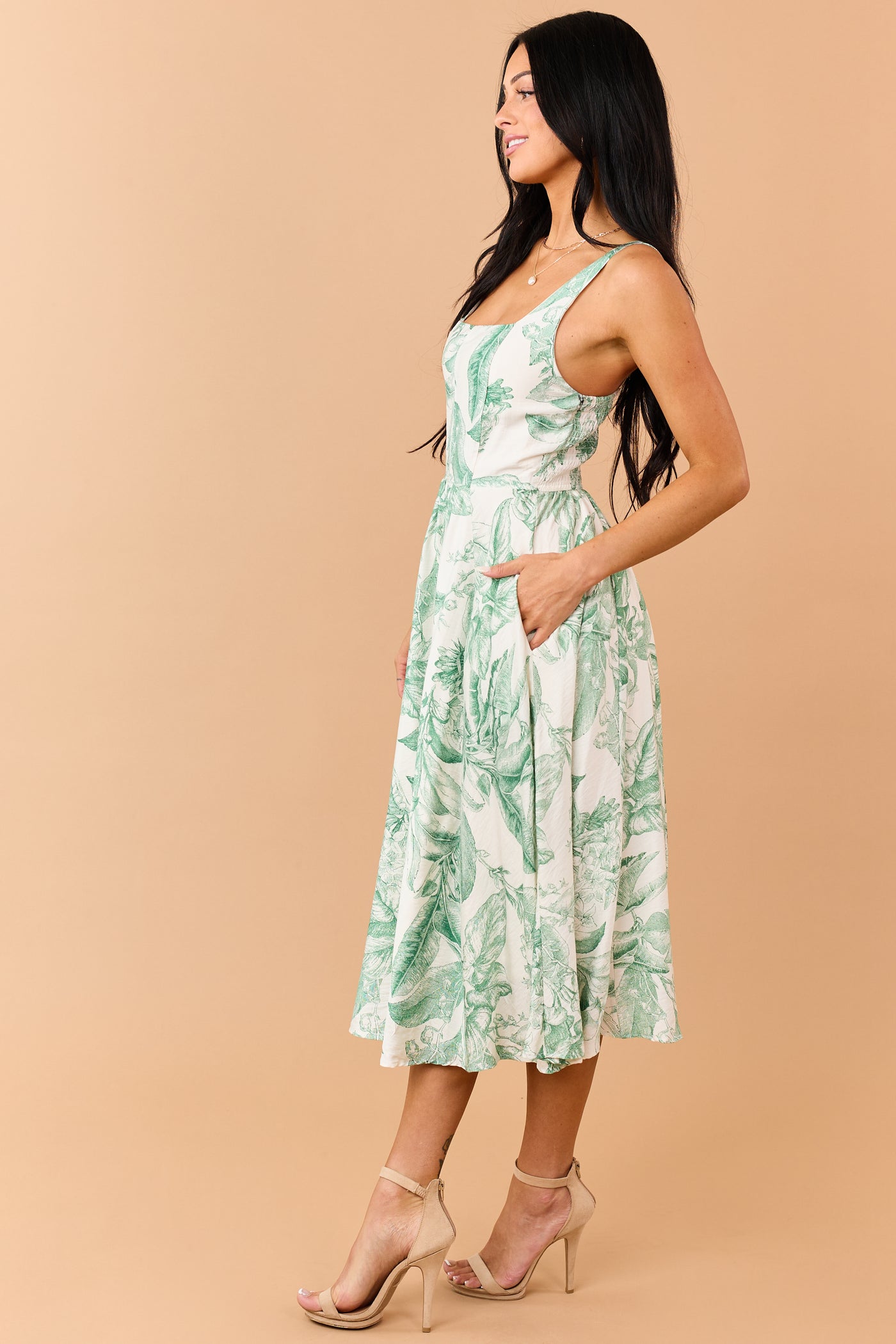 Cream and Pine Vintage Floral Print Midi Dress