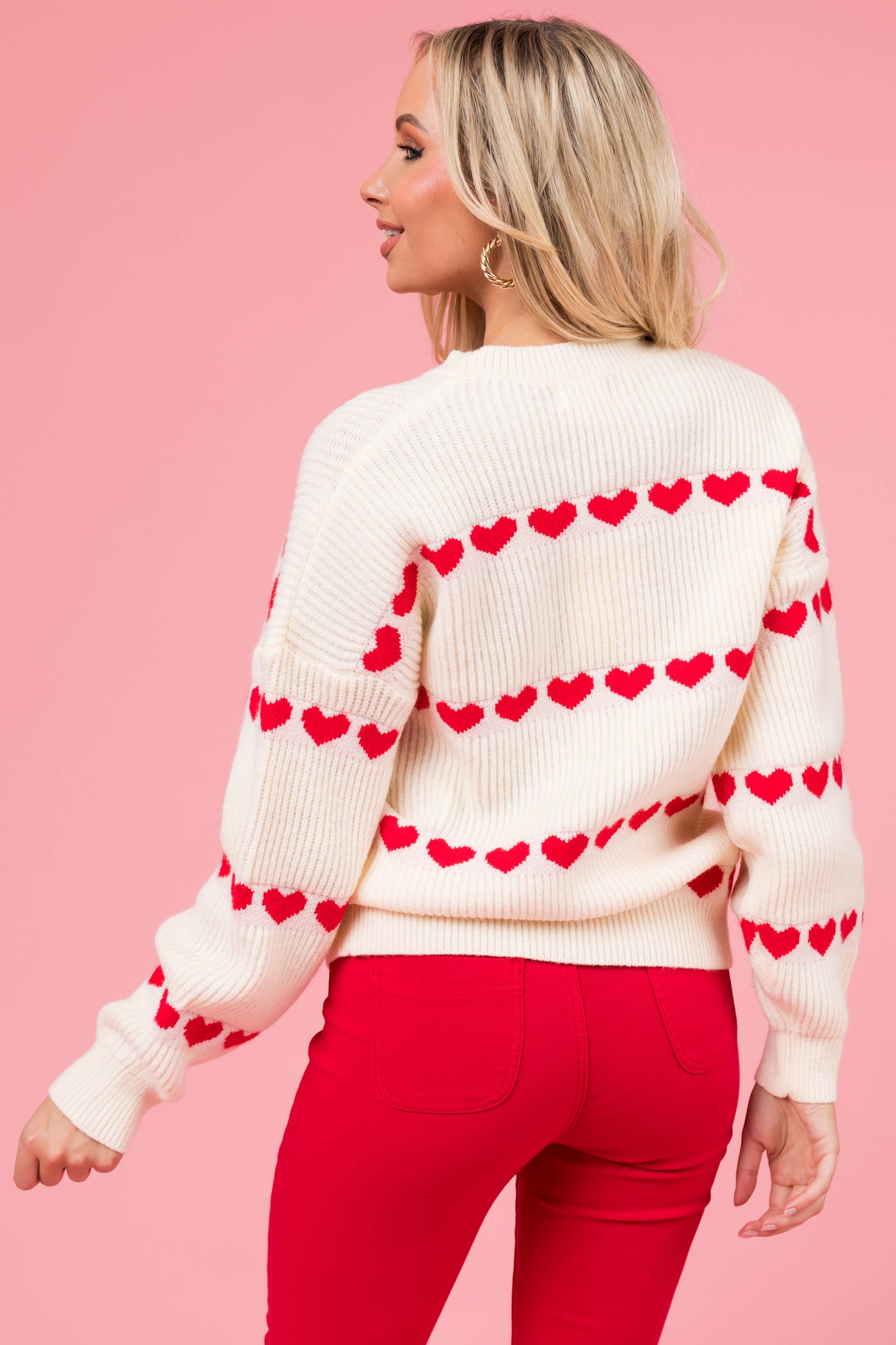 Cream and Red Heart Stripe Sweater