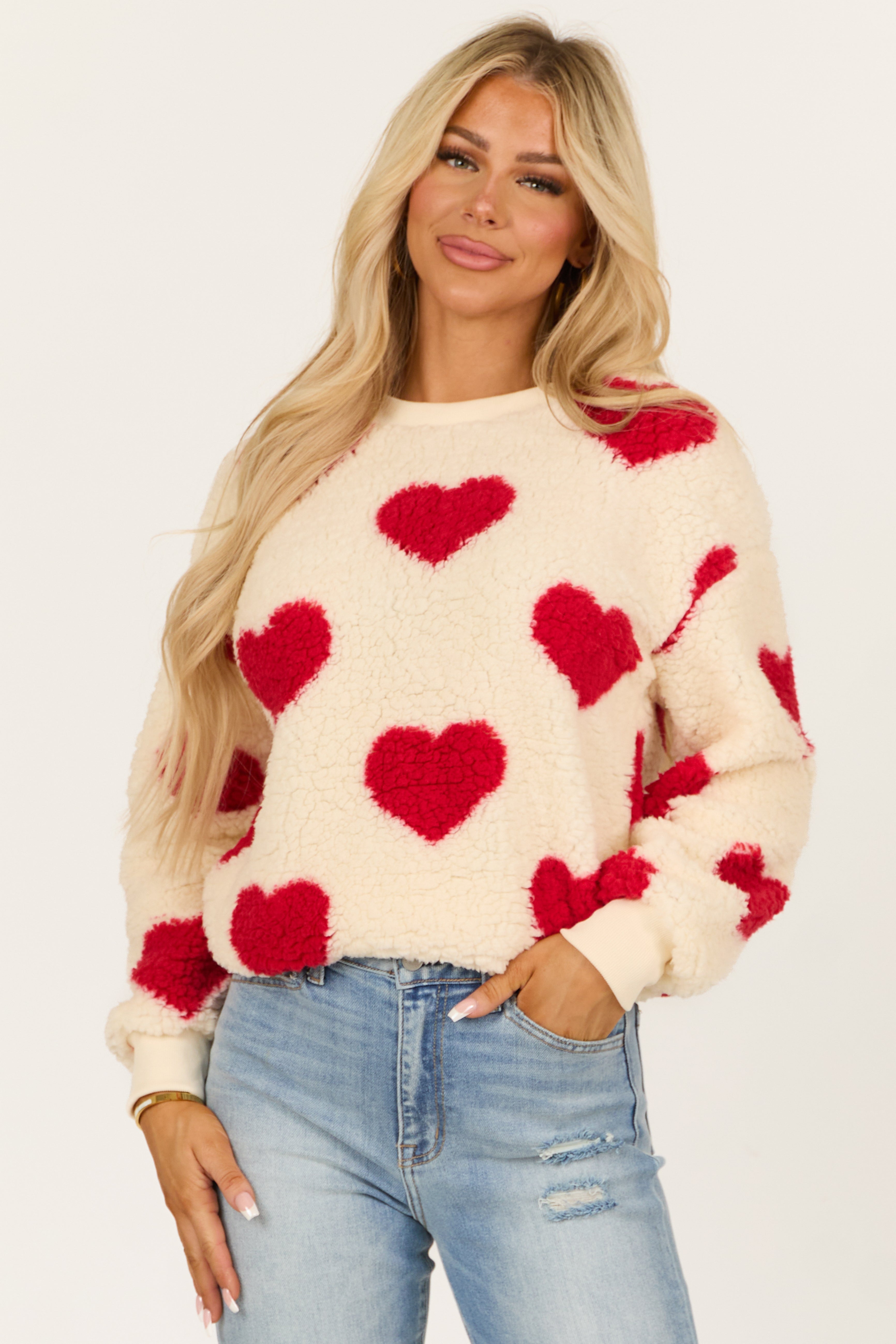 Cream and Ruby Heart Pattern Sherpa Sweatshirt | Lime Lush Boutique