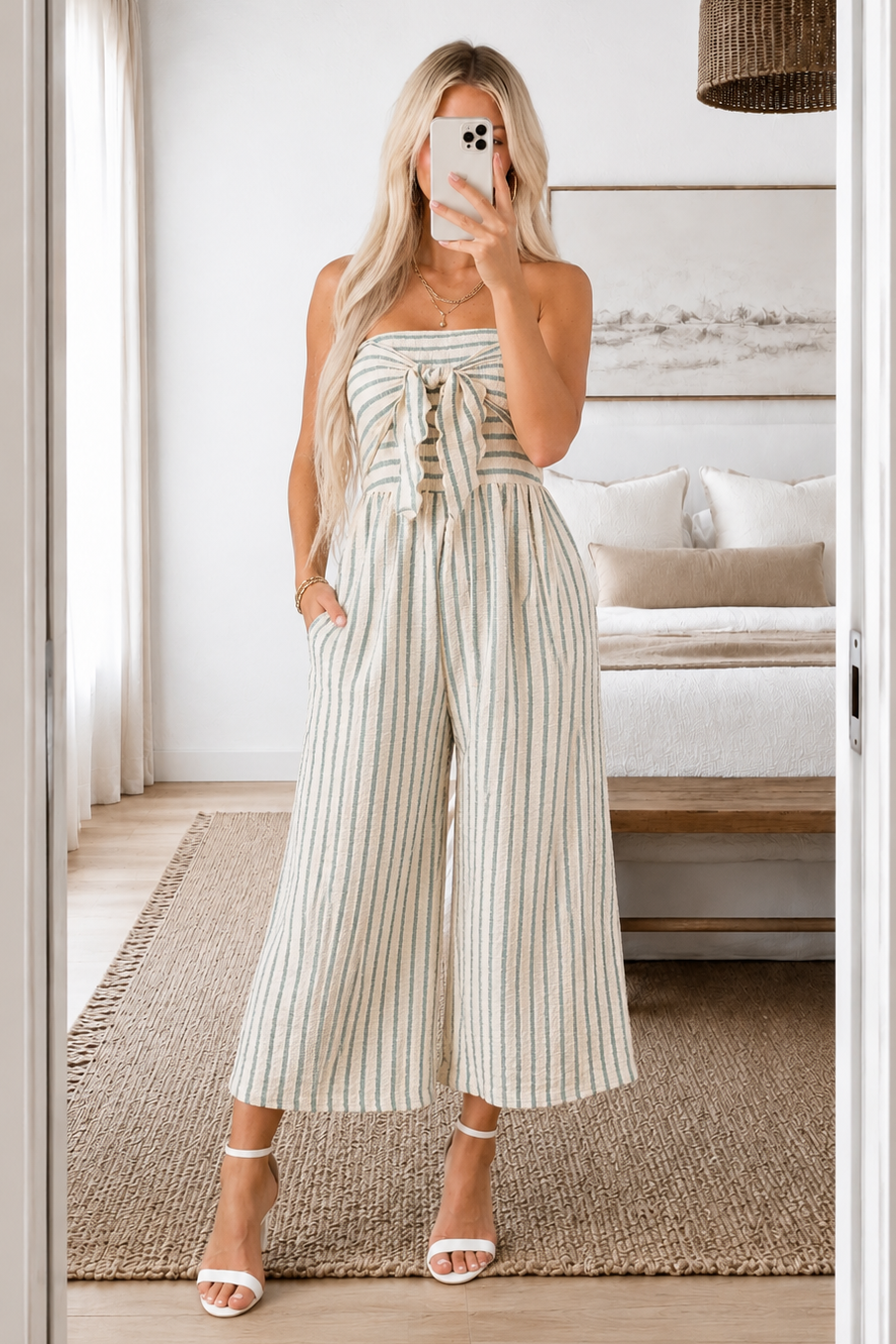 Cream and Sage Striped Strapless Jumpsuit