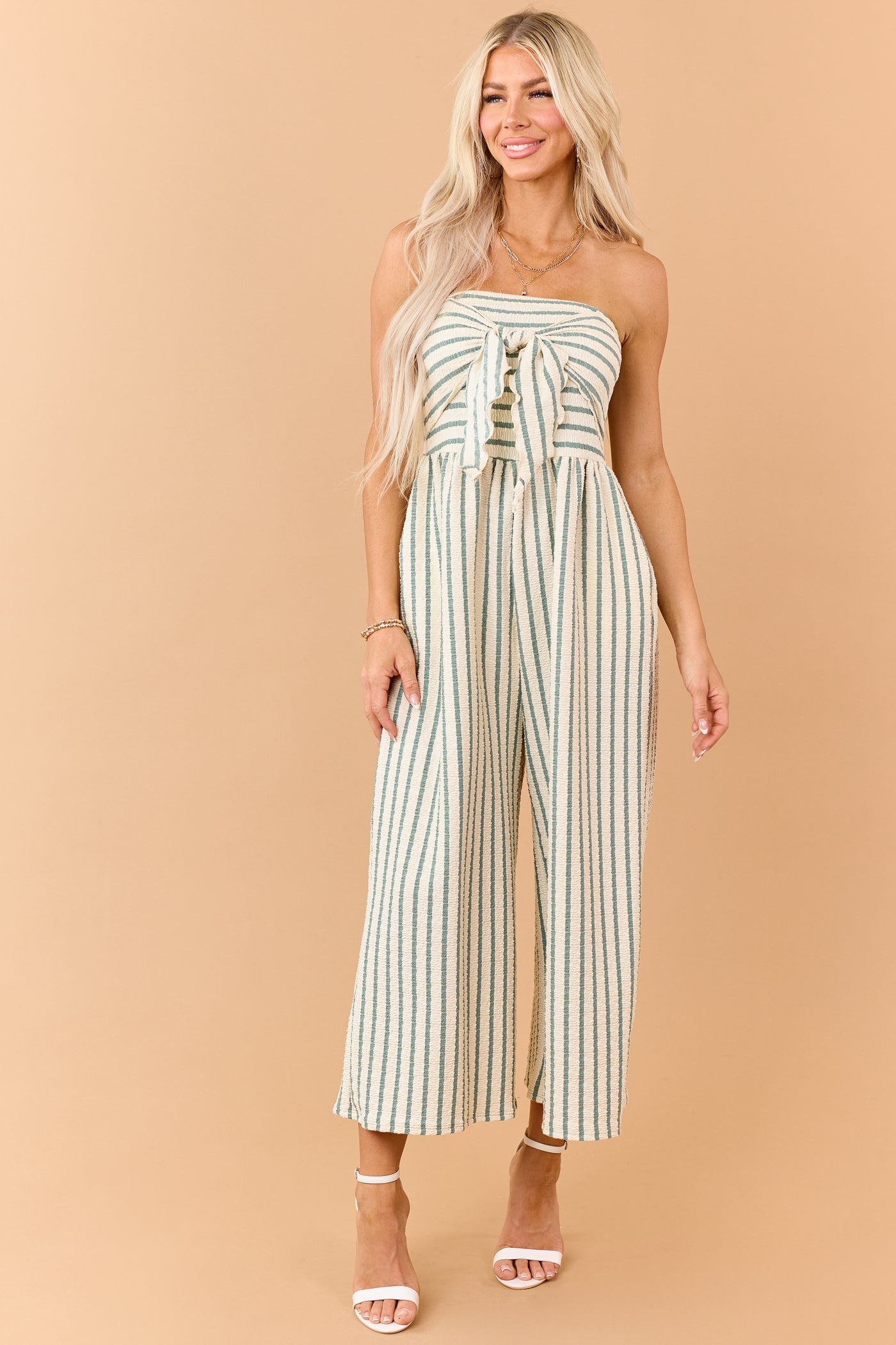 Cream and Sage Striped Strapless Jumpsuit